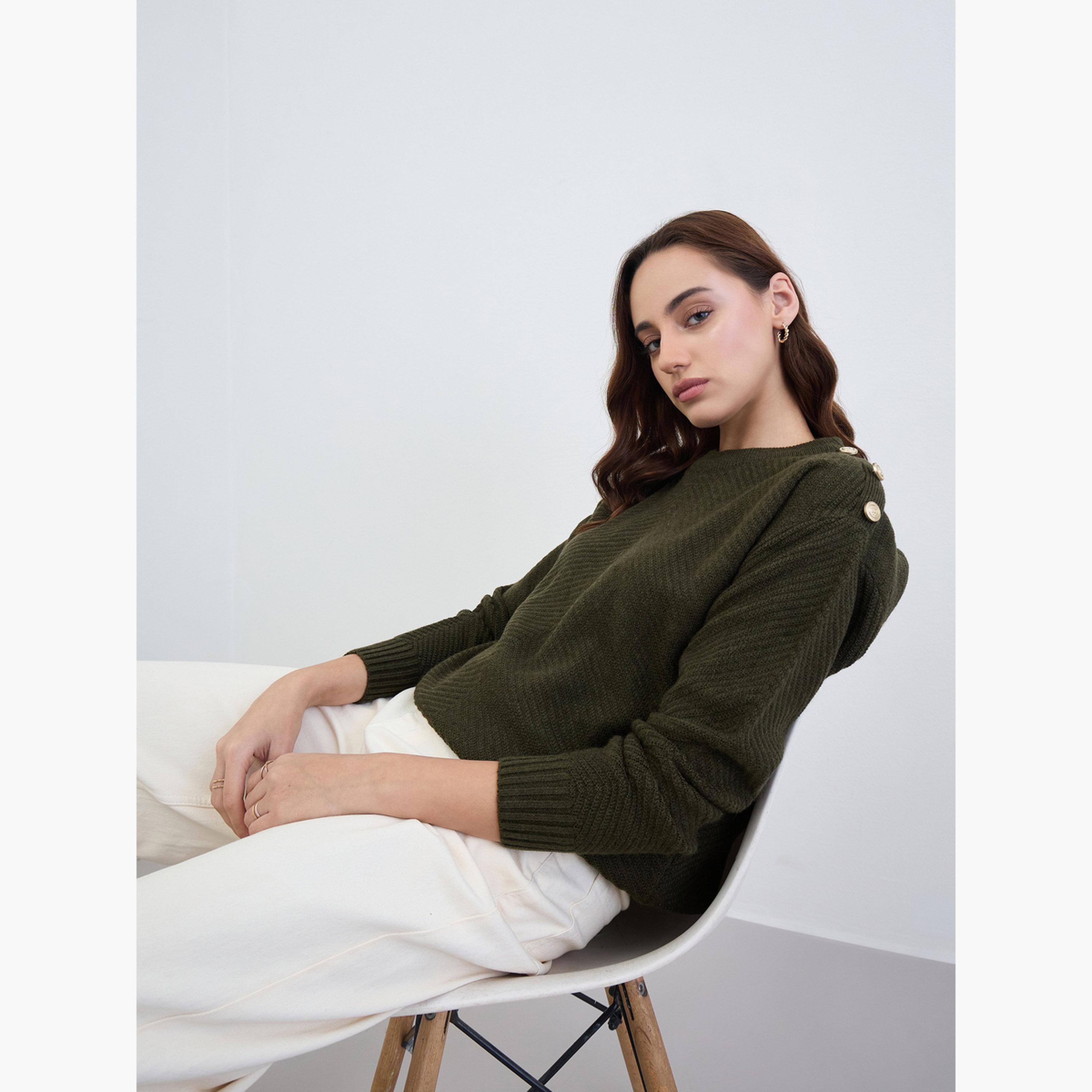Styli Women Olive Green Button Detail Sweater-women-clothing-cardigansandjumpers-jumpers-image-3