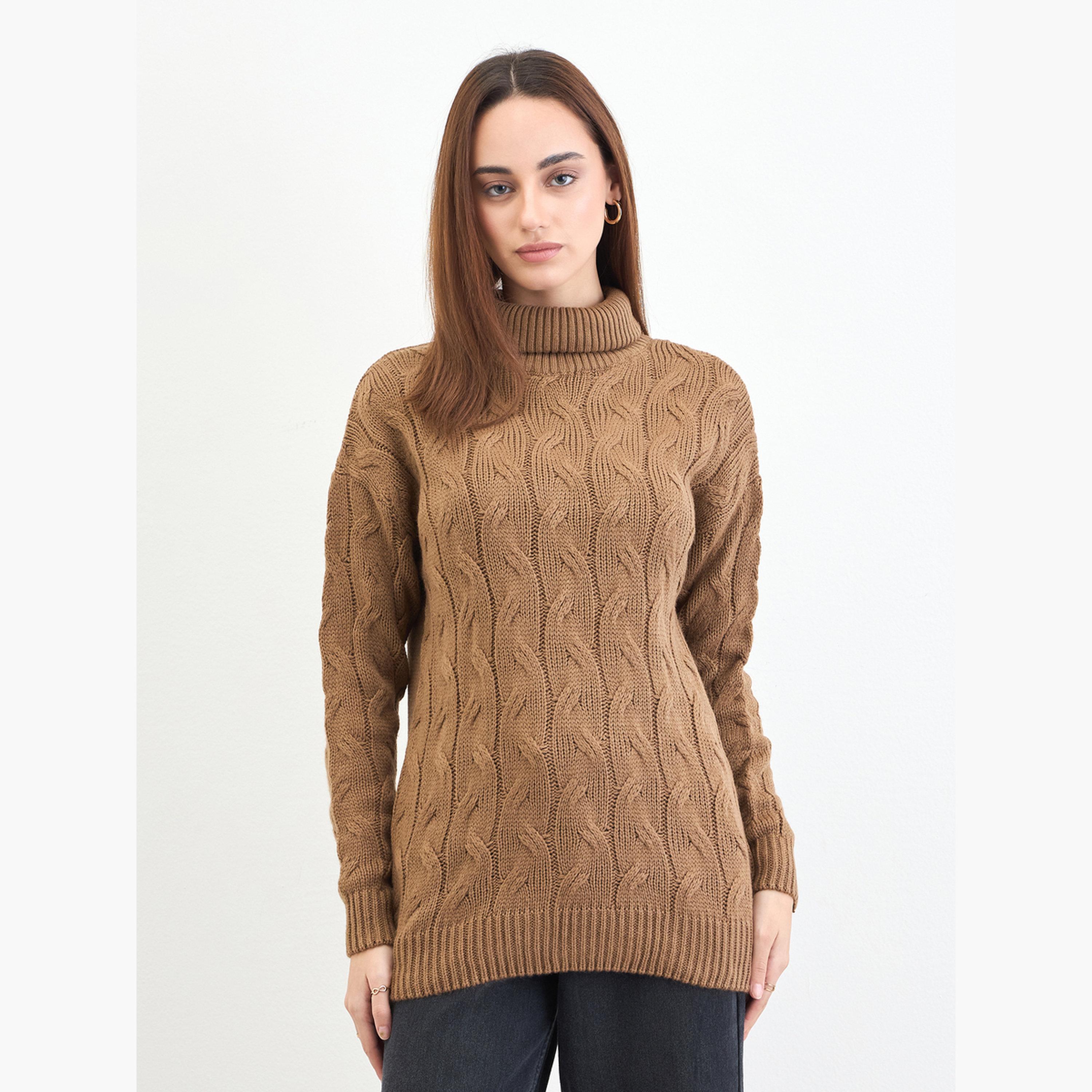 Styli Tan Cable Knit High Neck Long Sleeves Women's Longline Sweater-women-winterwear-cardigansandjumpers-jumpers-image-1