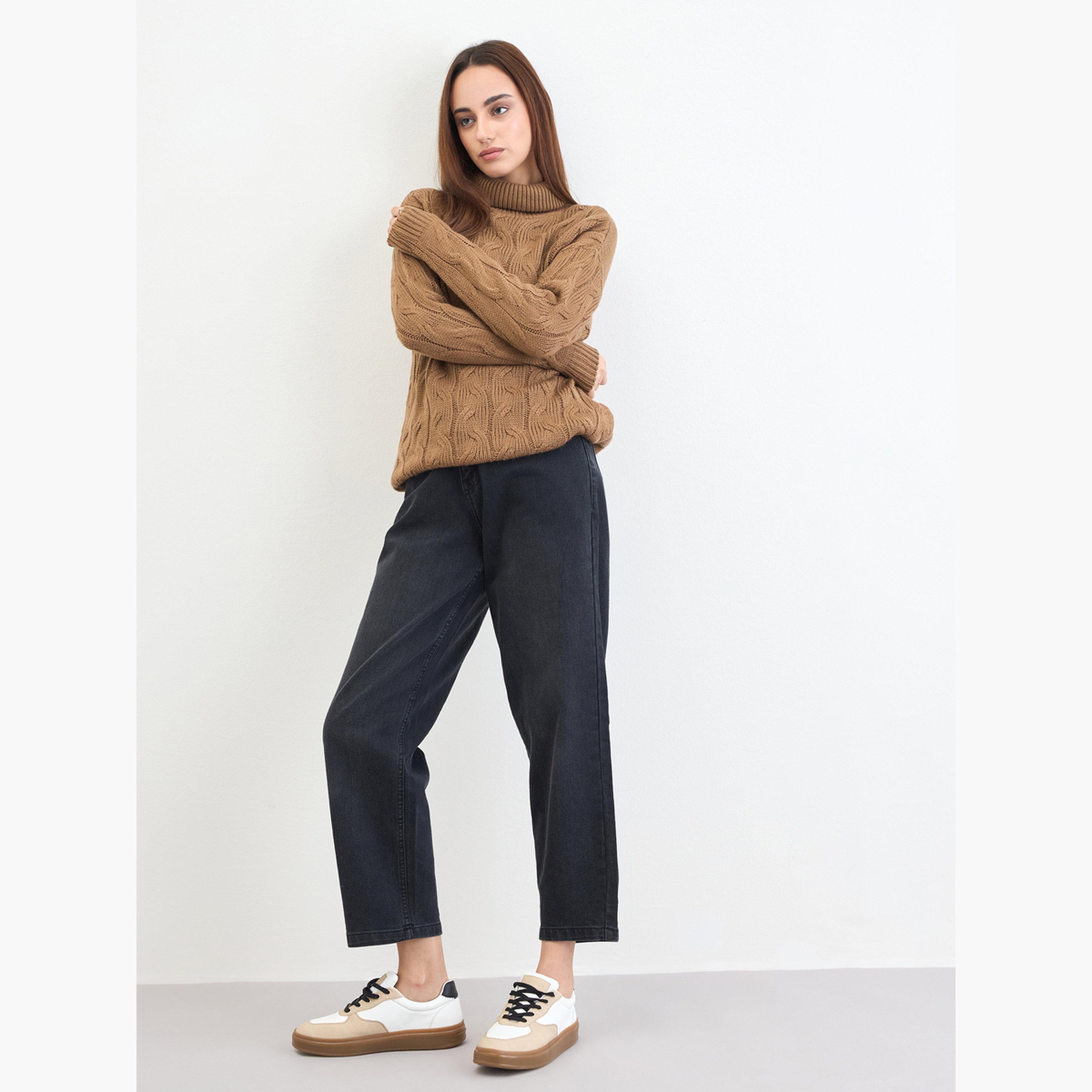 Styli Tan Cable Knit High Neck Long Sleeves Women's Longline Sweater-women-winterwear-cardigansandjumpers-jumpers-image-2