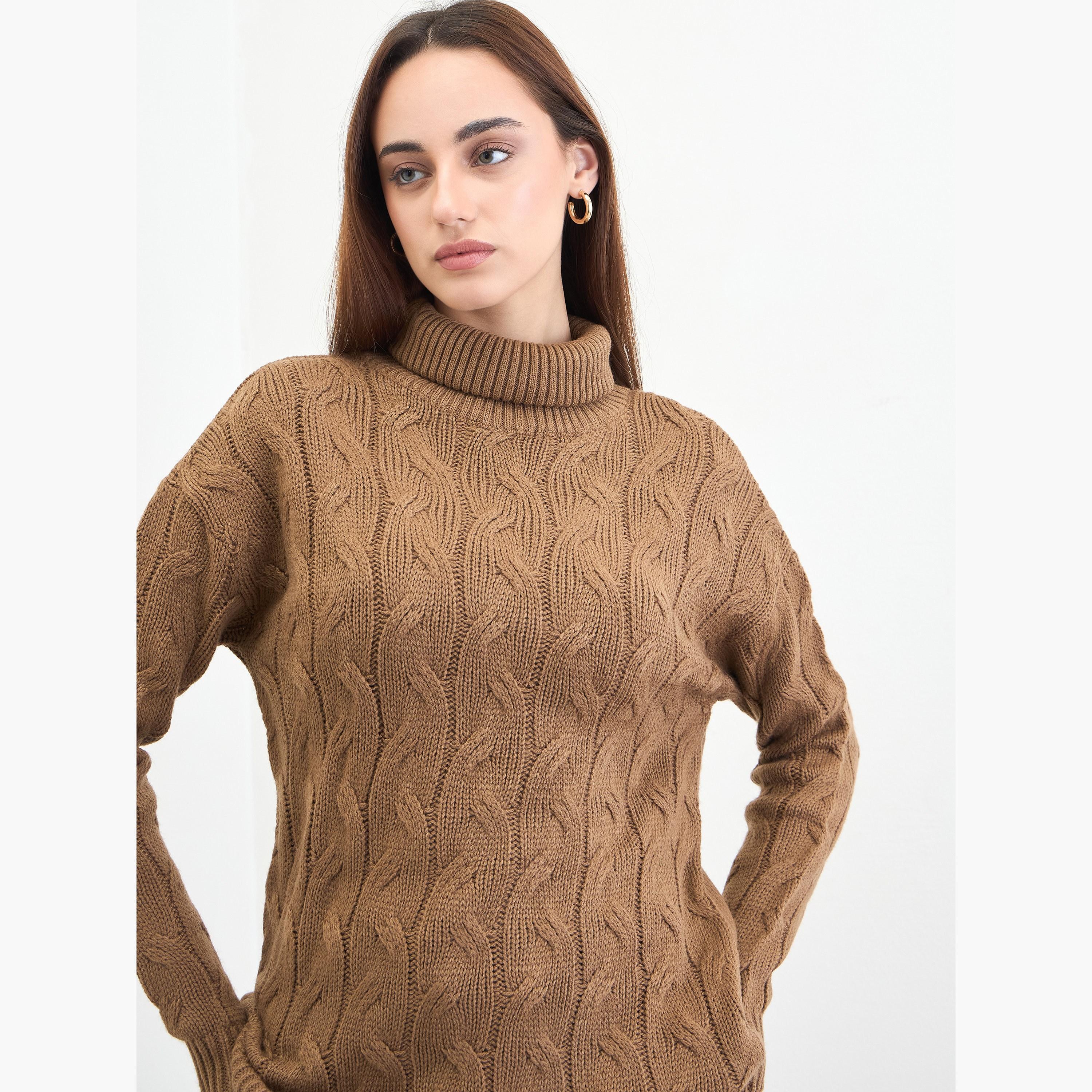 Styli Tan Cable Knit High Neck Long Sleeves Women's Longline Sweater-women-winterwear-cardigansandjumpers-jumpers-image-3