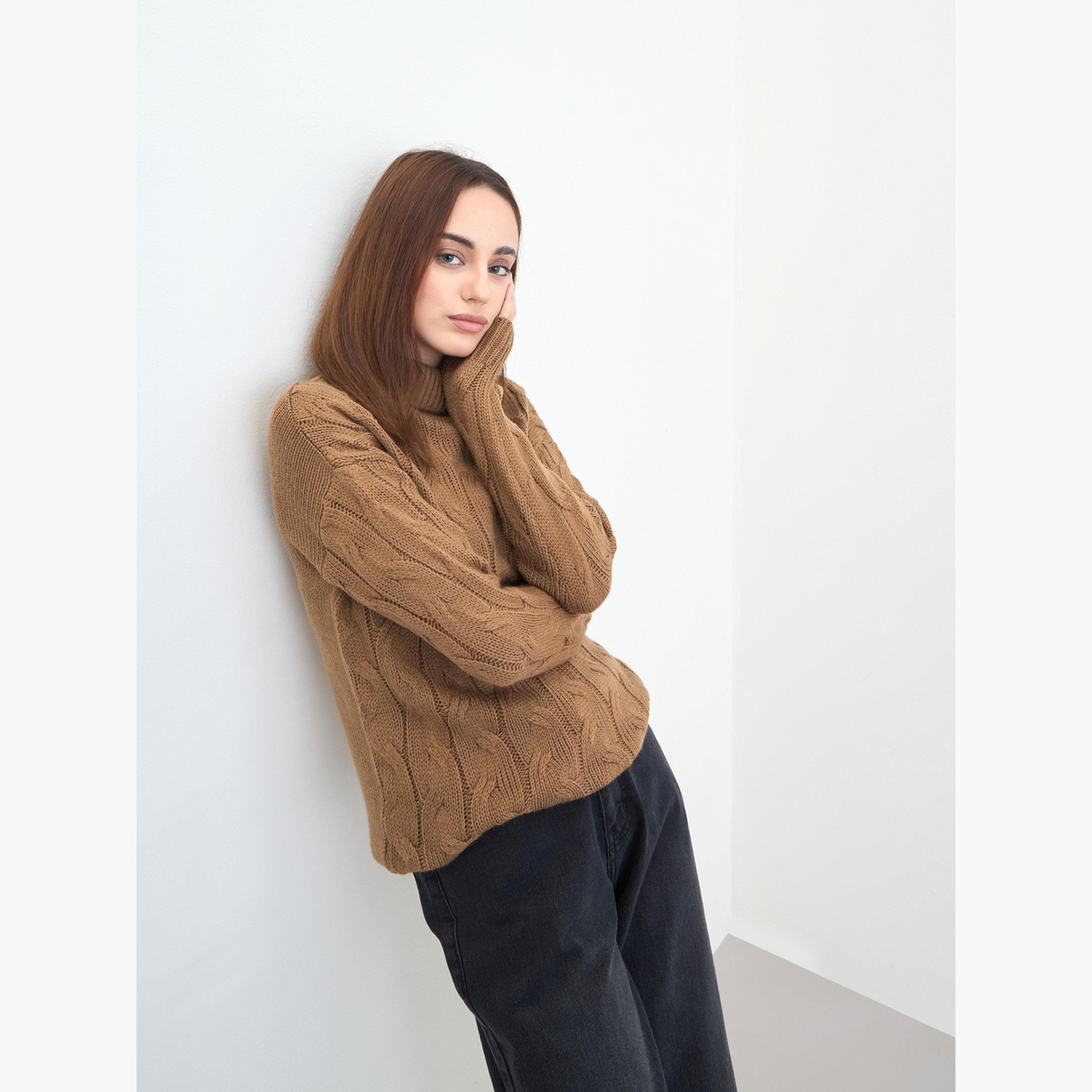 Styli Tan Cable Knit High Neck Long Sleeves Women's Longline Sweater-women-winterwear-cardigansandjumpers-jumpers-image-4