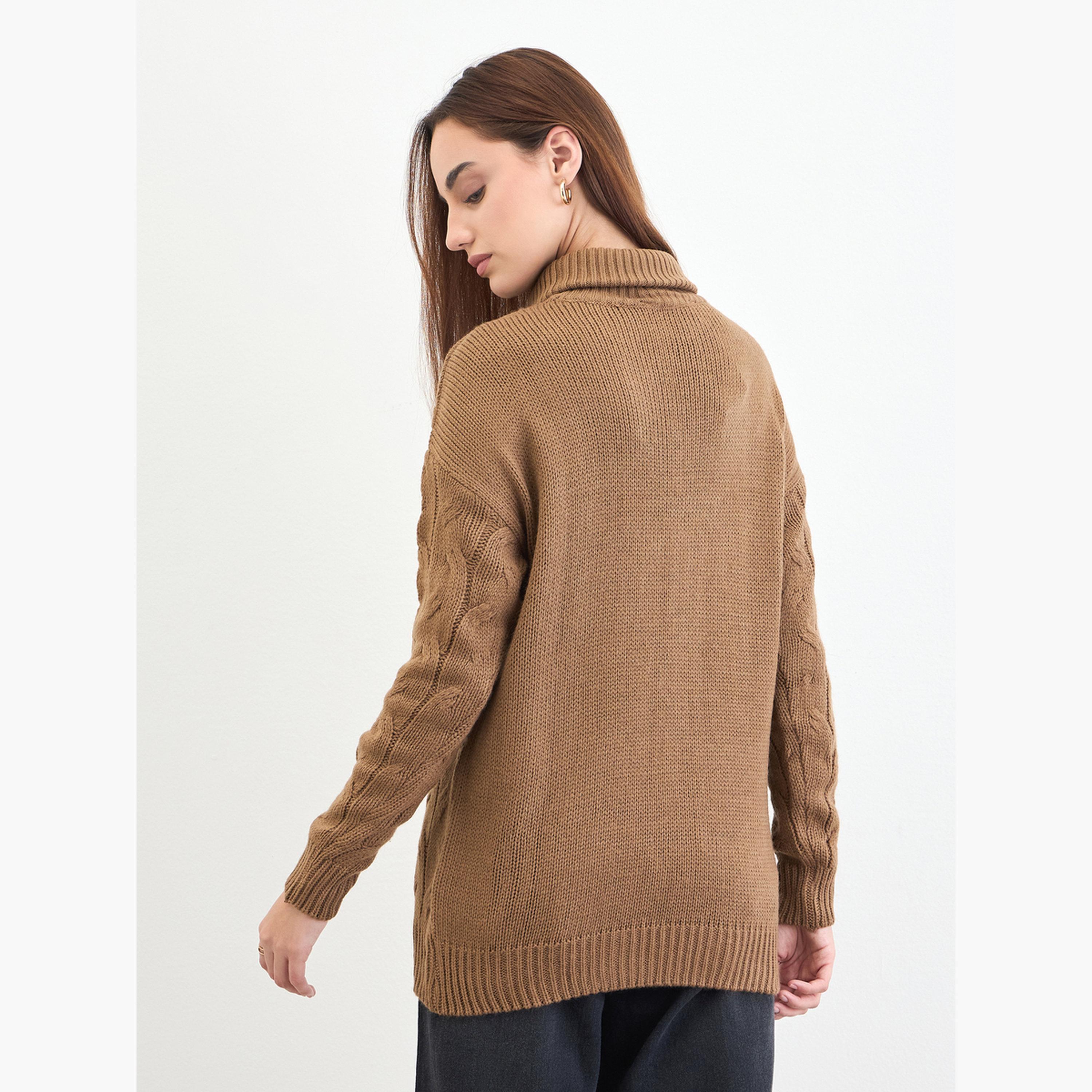 Styli Tan Cable Knit High Neck Long Sleeves Women's Longline Sweater-women-winterwear-cardigansandjumpers-jumpers-image-5