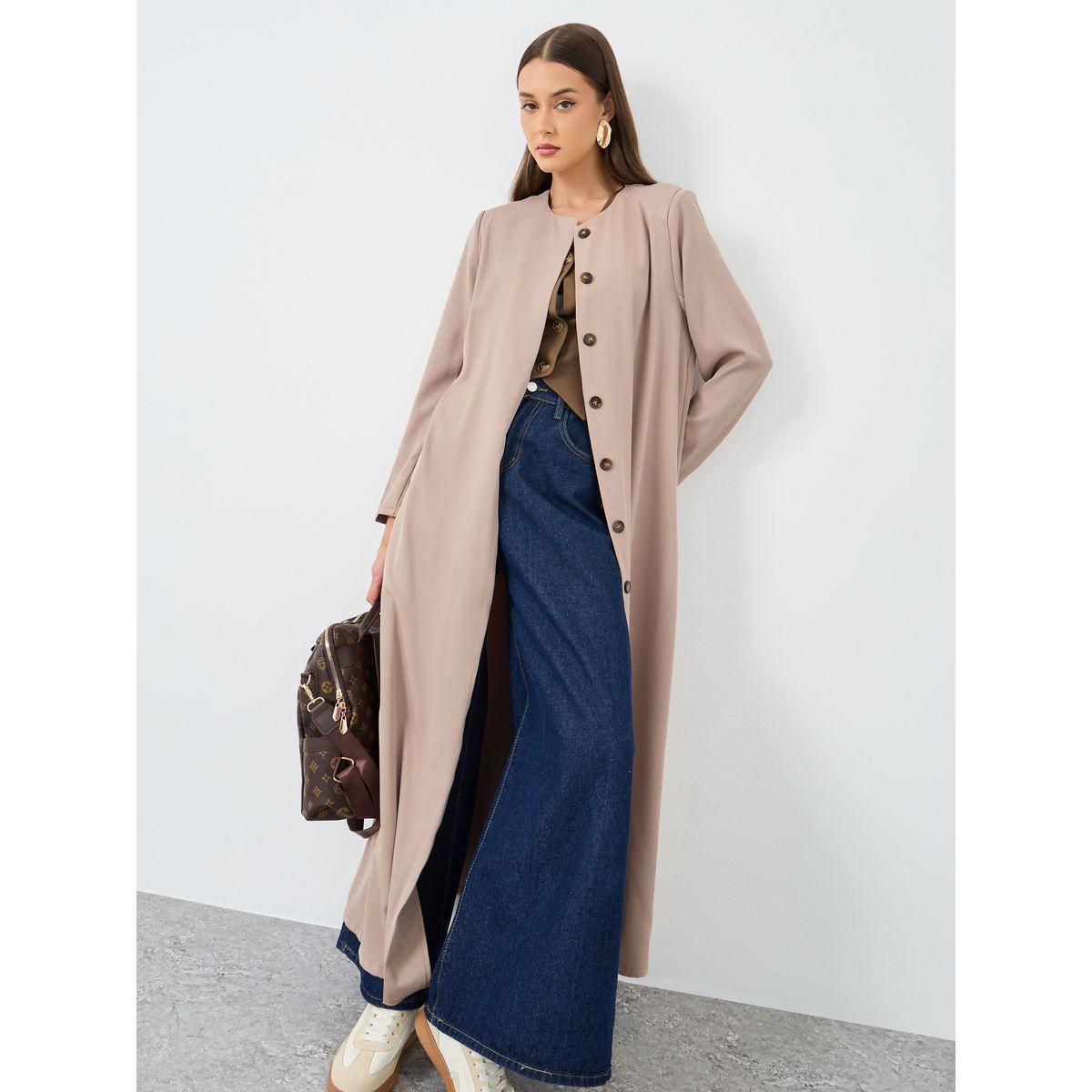 Styli Solid Round Neck Open Front Abaya with Button Detail-women-arabicclothing-abayas-image-1