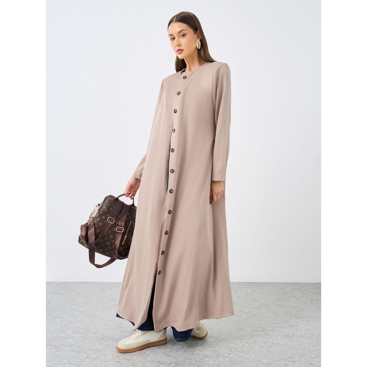 Styli Solid Round Neck Open Front Abaya with Button Detail-women-arabicclothing-abayas-image-2