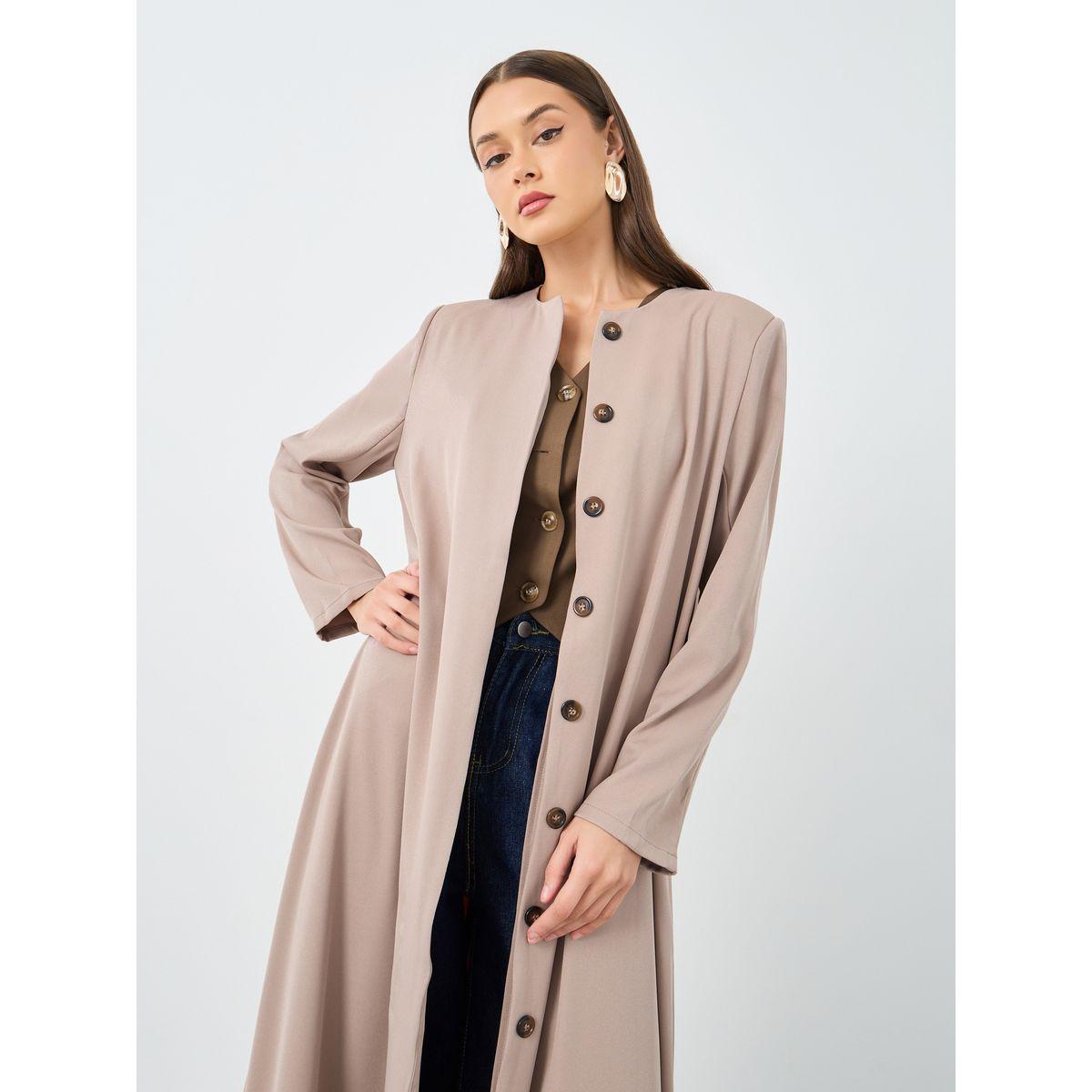 Styli Solid Round Neck Open Front Abaya with Button Detail-women-arabicclothing-abayas-image-3