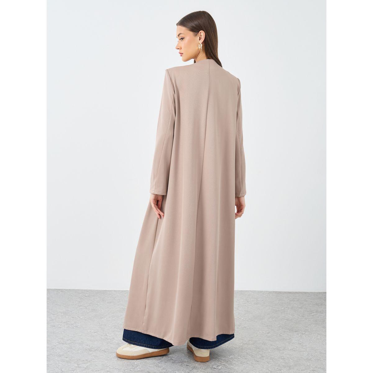 Styli Solid Round Neck Open Front Abaya with Button Detail-women-arabicclothing-abayas-image-5
