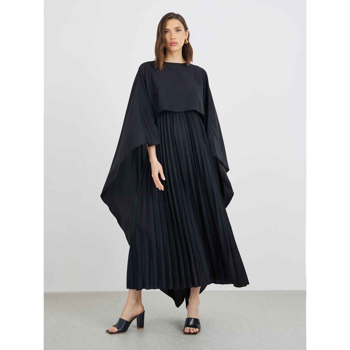 فستان طويل سادة بأكمام كيب وكسرات-women-clothing-dresses-image-1