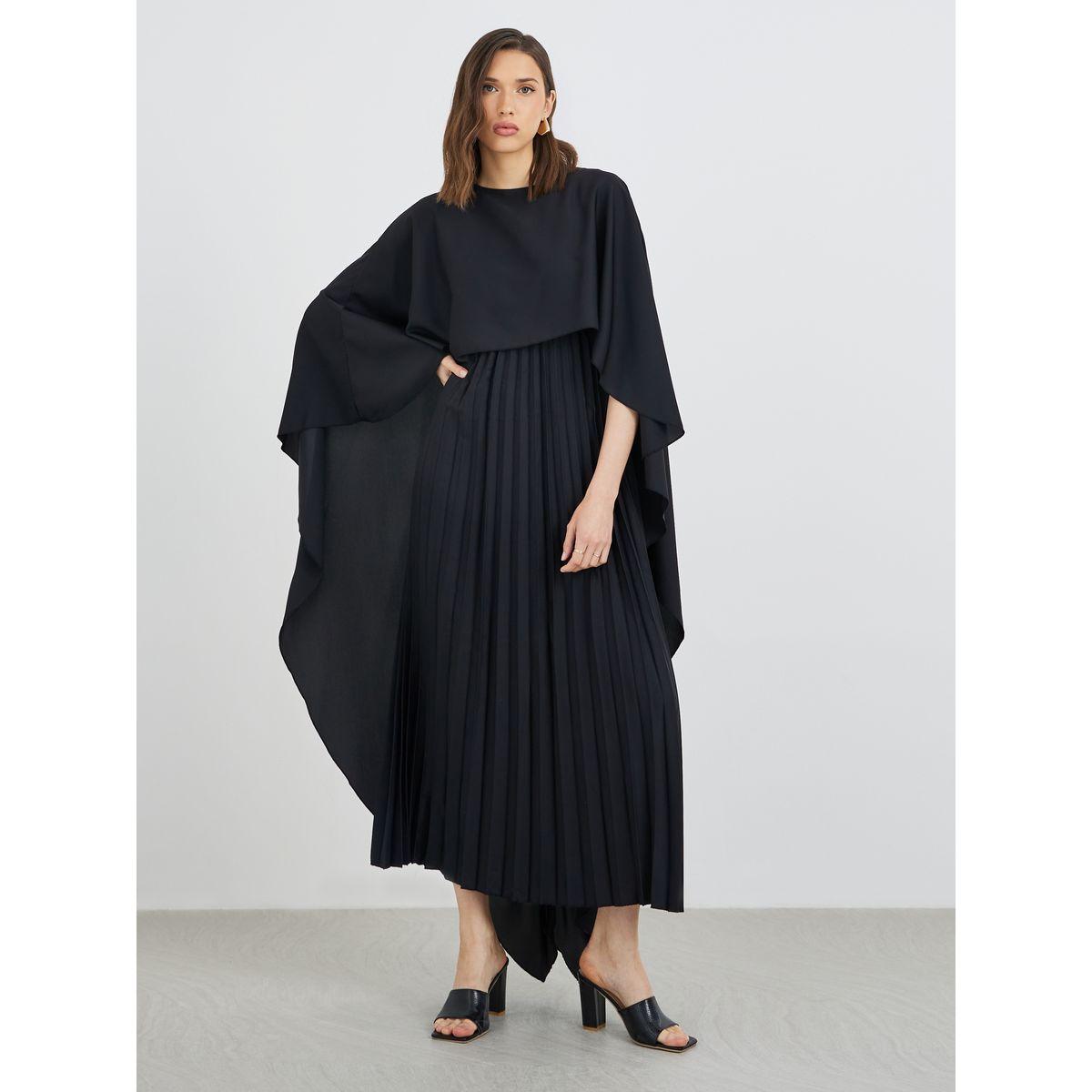 فستان طويل سادة بأكمام كيب وكسرات-women-clothing-dresses-image-2