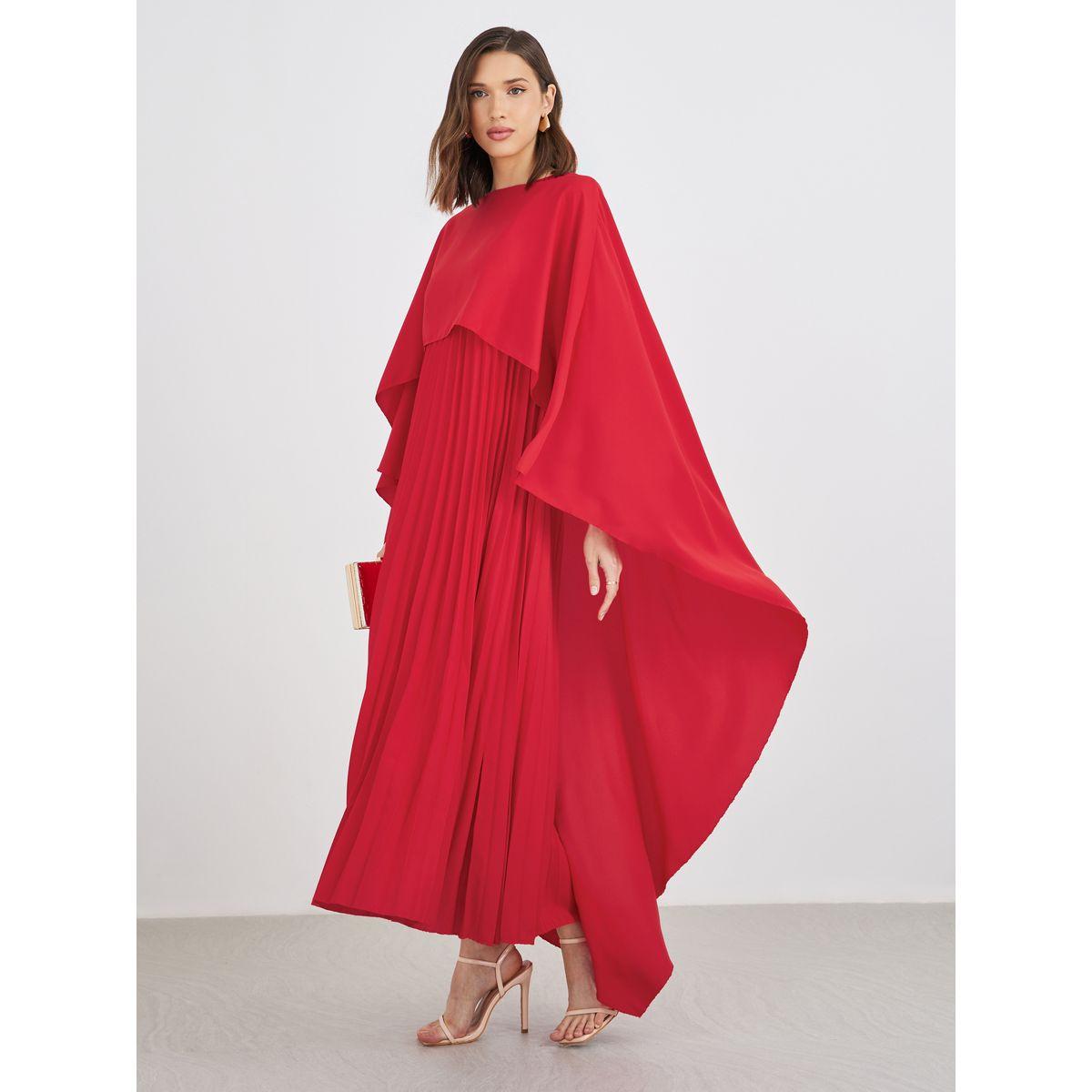 Styli Solid Cape Sleeve Pleated Detail Maxi Dress-women-clothing-dresses-image-1