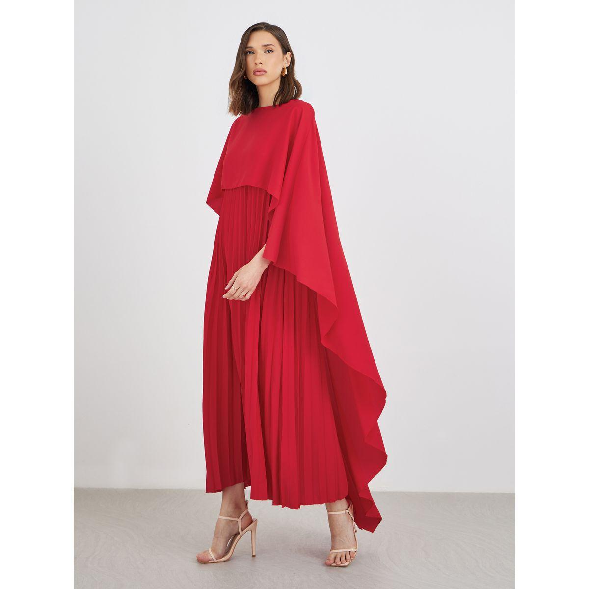 Styli Solid Cape Sleeve Pleated Detail Maxi Dress-women-clothing-dresses-image-2
