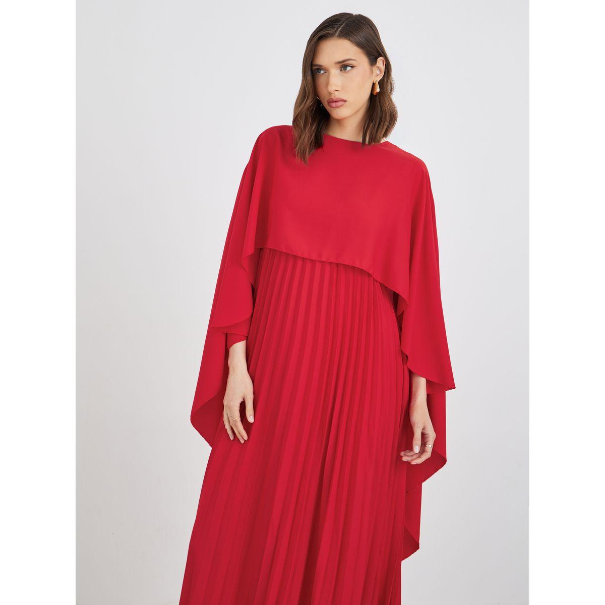 Styli Solid Cape Sleeve Pleated Detail Maxi Dress-women-clothing-dresses-image-3