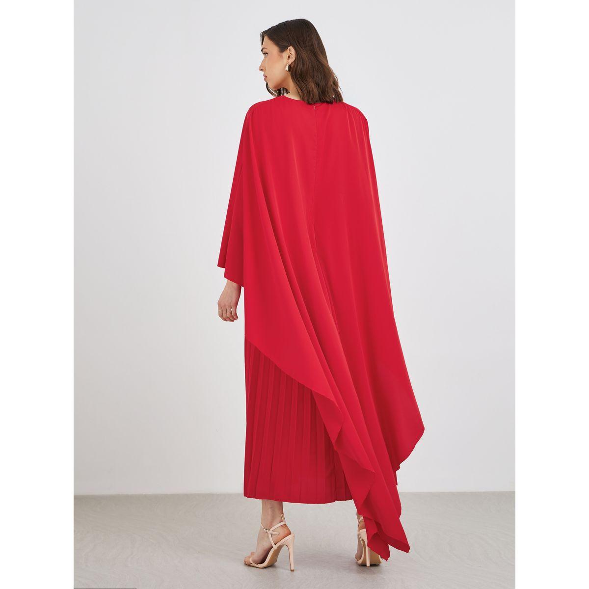 Styli Solid Cape Sleeve Pleated Detail Maxi Dress-women-clothing-dresses-image-5