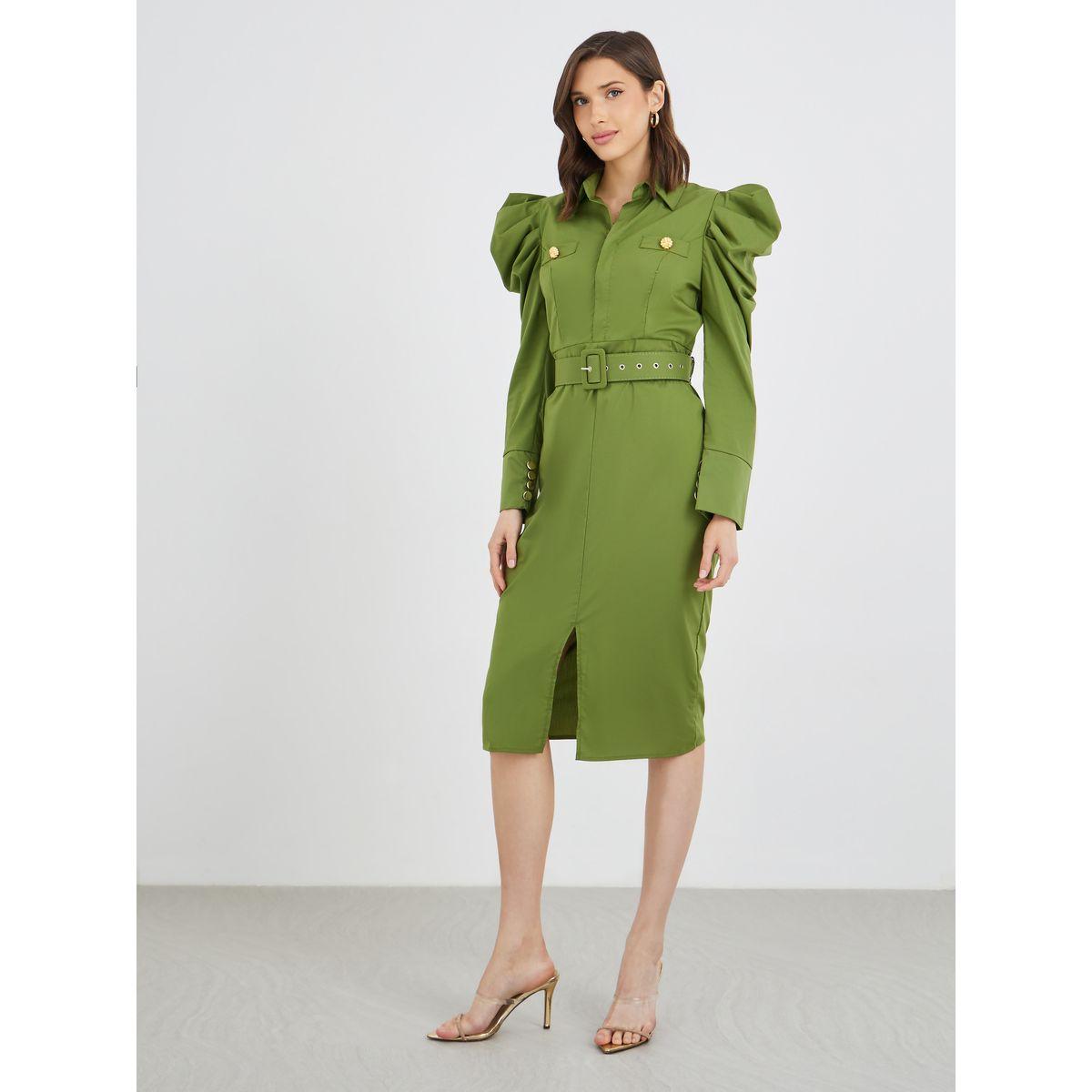 Styli Solid Puff Sleeve Buttoned Belted Knee Length Dress-women-clothing-dresses-image-1
