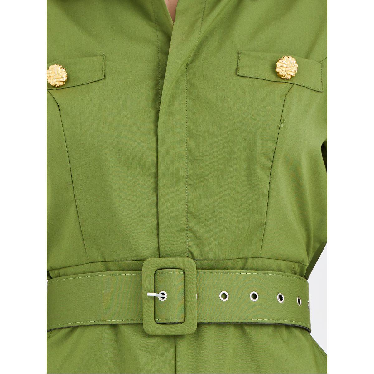 Styli Solid Puff Sleeve Buttoned Belted Knee Length Dress-women-clothing-dresses-image-2