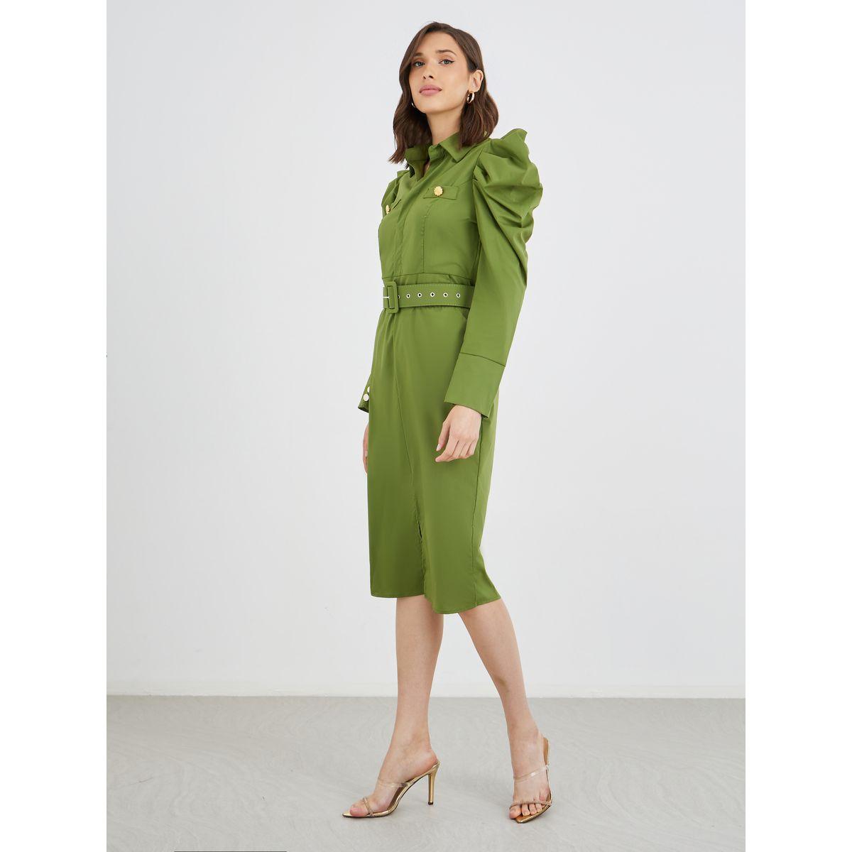 Styli Solid Puff Sleeve Buttoned Belted Knee Length Dress-women-clothing-dresses-image-3