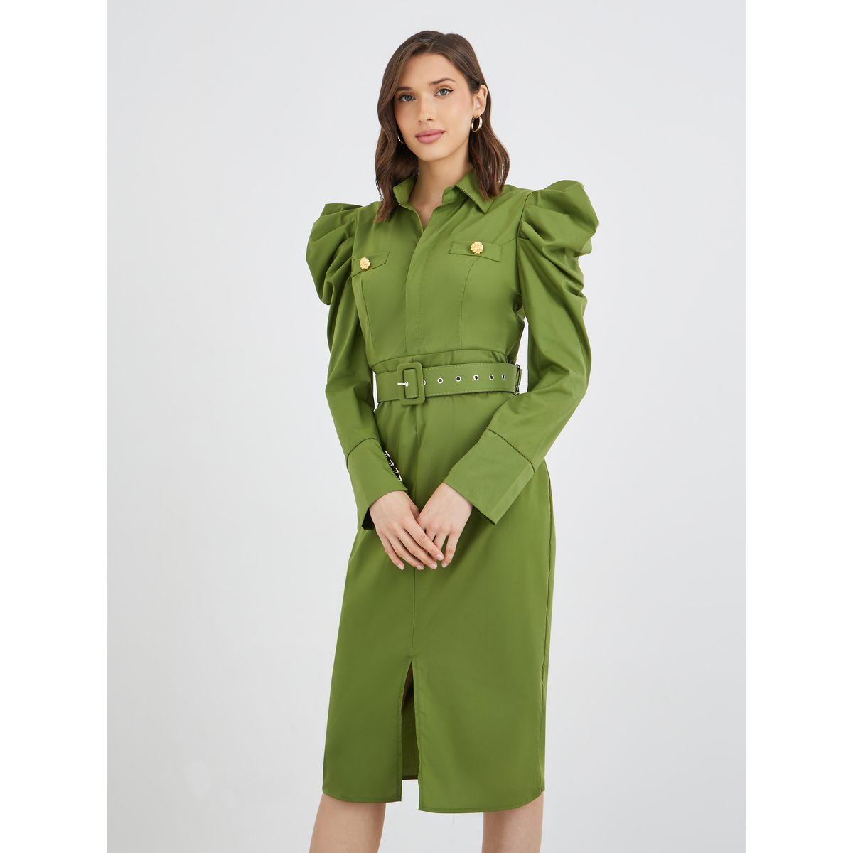 Styli Solid Puff Sleeve Buttoned Belted Knee Length Dress-women-clothing-dresses-image-4