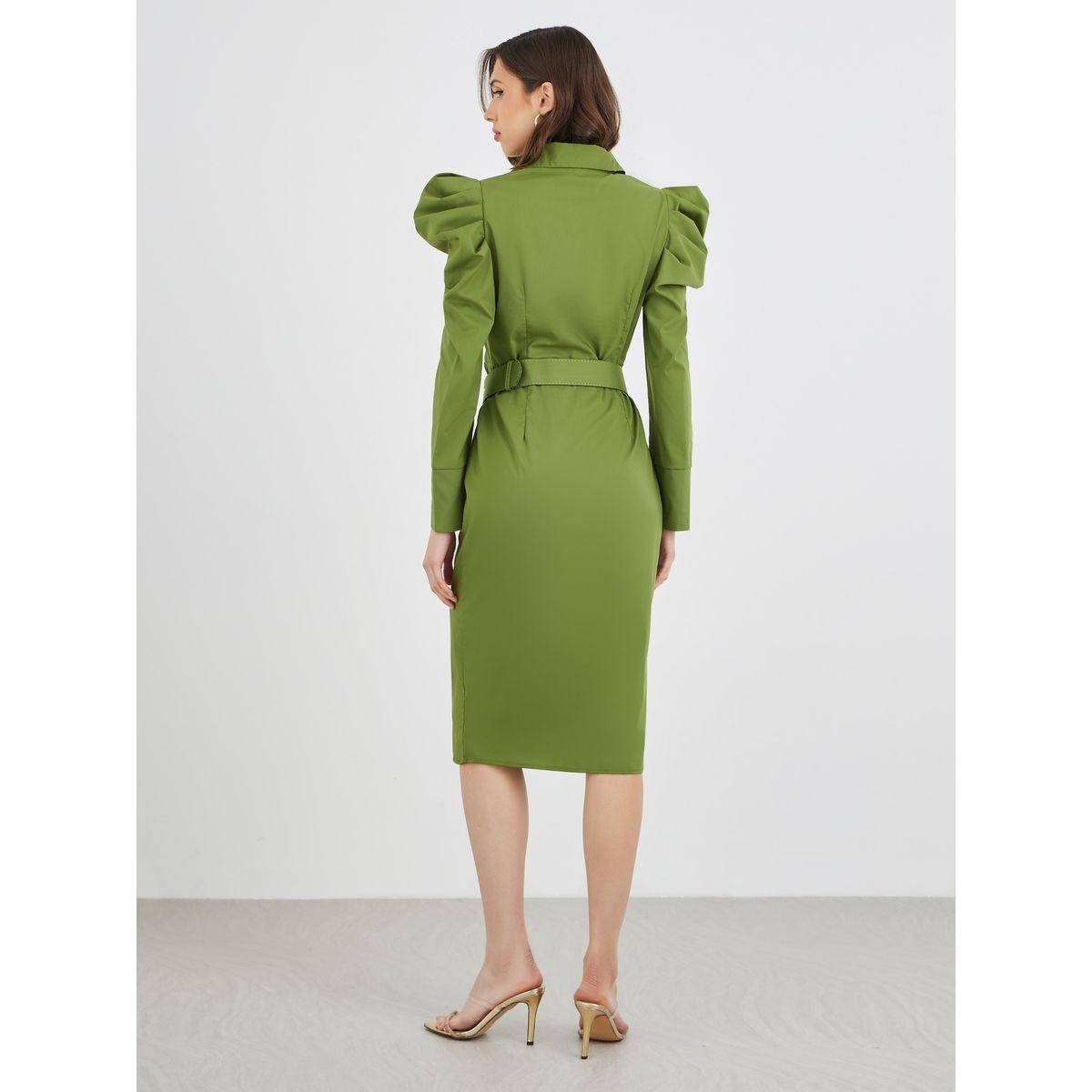 Styli Solid Puff Sleeve Buttoned Belted Knee Length Dress-women-clothing-dresses-image-5