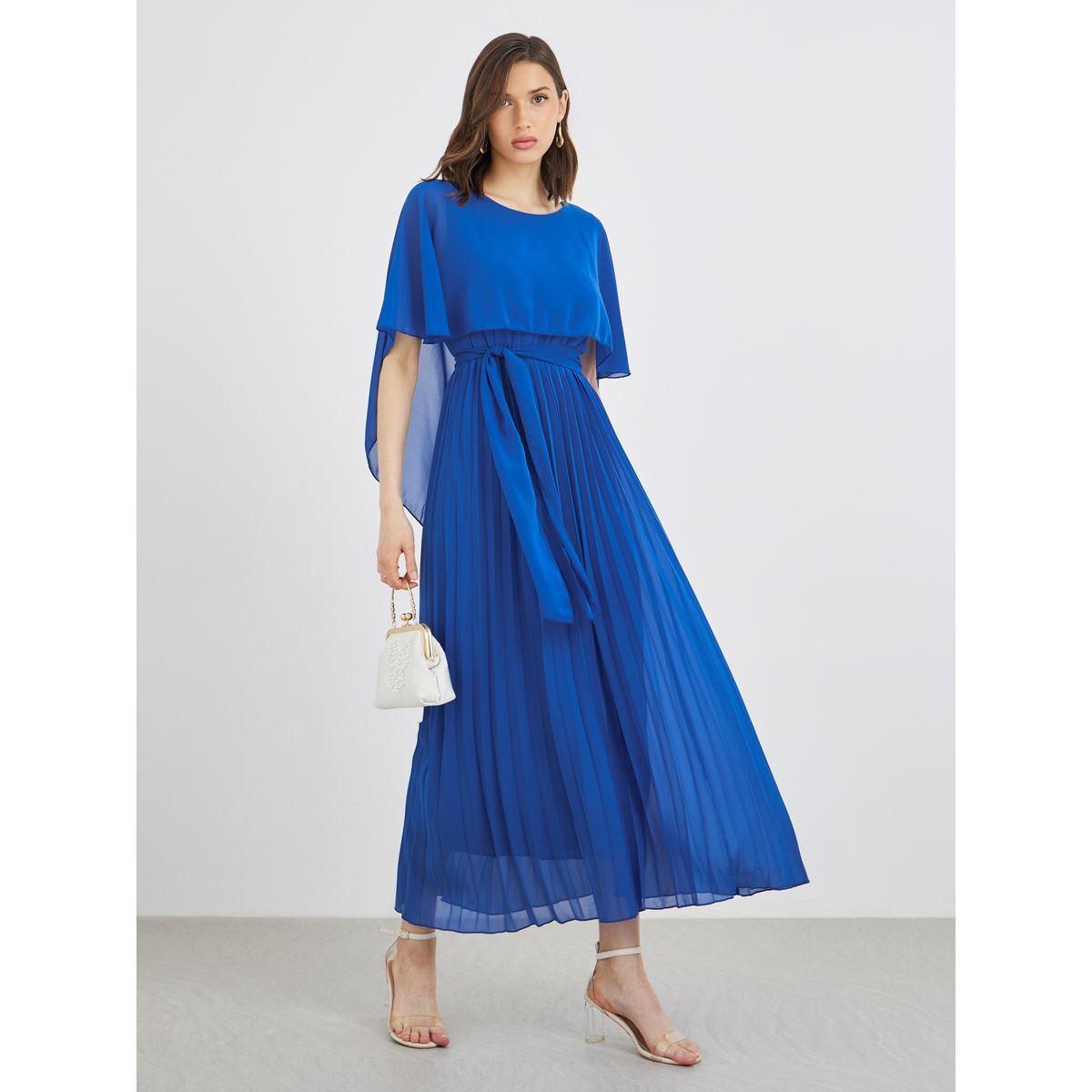 Styli Solid Cape Sleeve Pleated Detail Maxi Dress-women-clothing-dresses-image-1