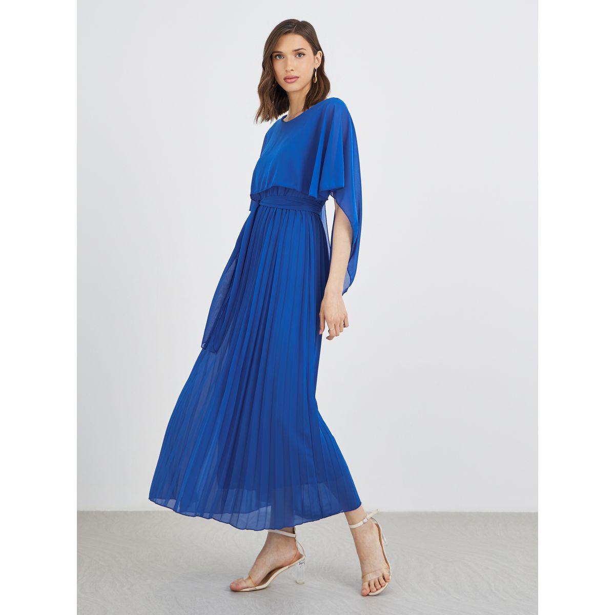 Styli Solid Cape Sleeve Pleated Detail Maxi Dress-women-clothing-dresses-image-2