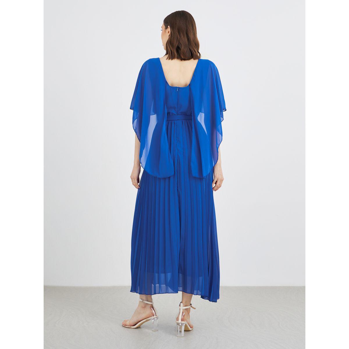 Styli Solid Cape Sleeve Pleated Detail Maxi Dress-women-clothing-dresses-image-5