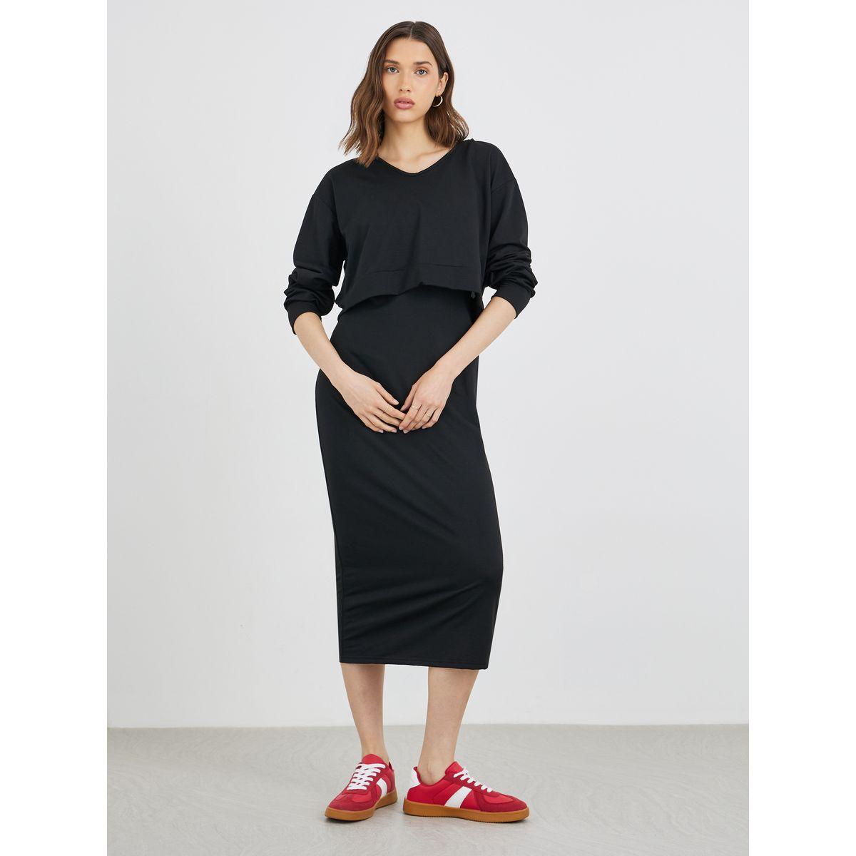طقم منسق من فستان ميدي بديكون مع سويت شيرت سادة-women-clothing-coordsets-image-1