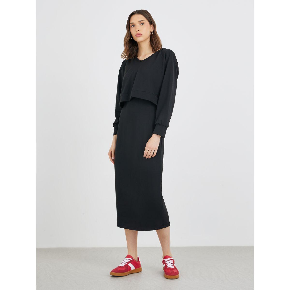 Styli Women Solid V Neck Sweatshirt and Bodycon Midi Dress Co-Ords-women-clothing-coordsets-image-2
