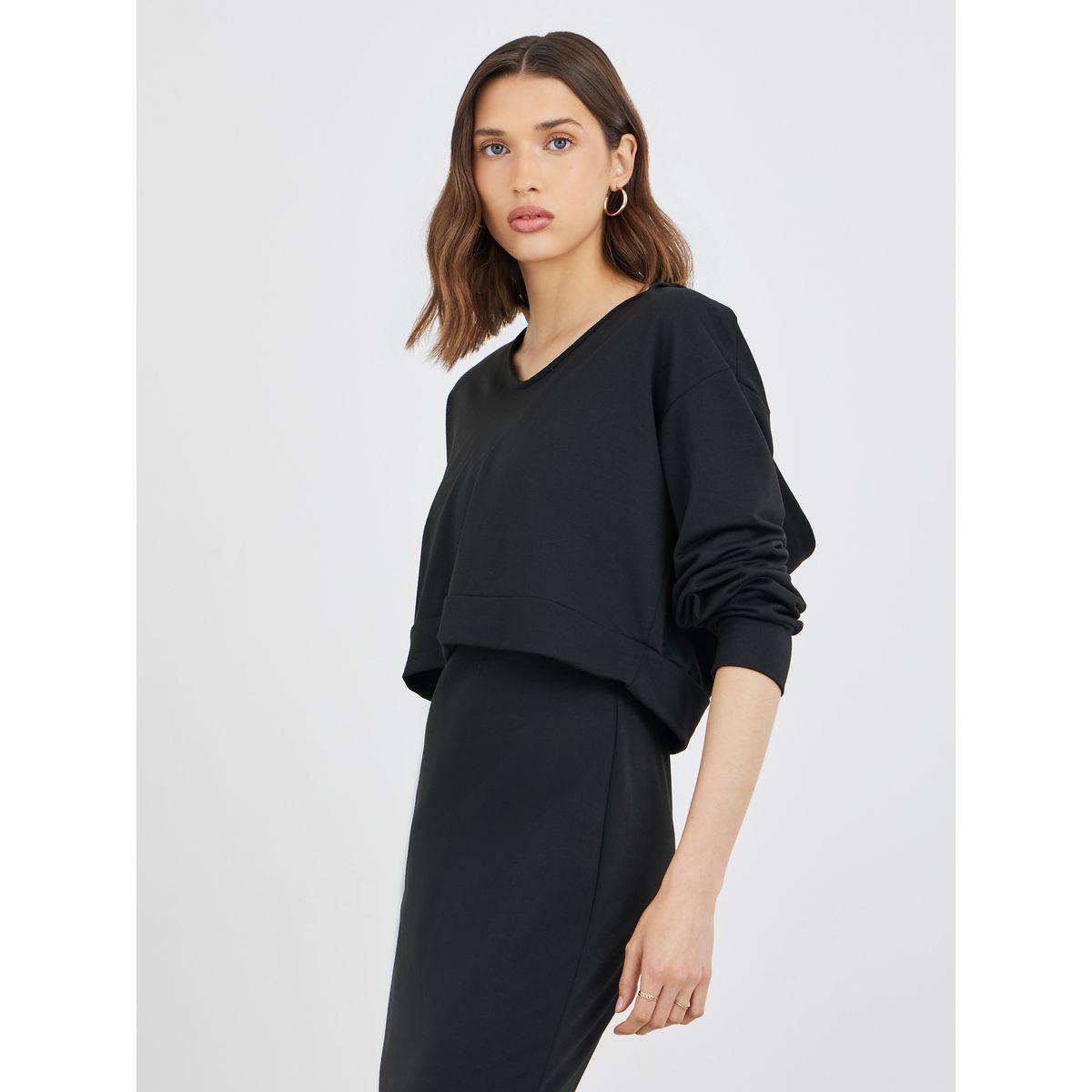 Styli Women Solid V Neck Sweatshirt and Bodycon Midi Dress Co-Ords-women-clothing-coordsets-image-3