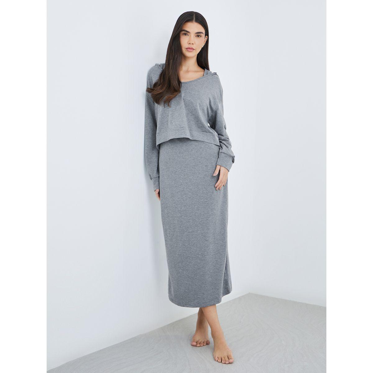 Styli Women Grey Solid Hooded Sweatshirt and Midi Sheath Dress Co-Ords-women-clothing-coordsets-image-1