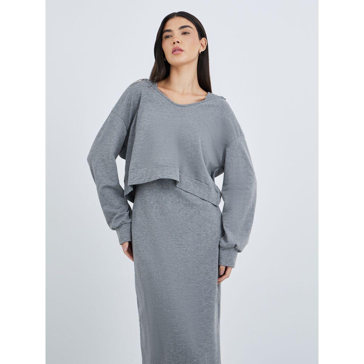 Styli Women Grey Solid Hooded Sweatshirt and Midi Sheath Dress Co-Ords-women-clothing-coordsets-image-2