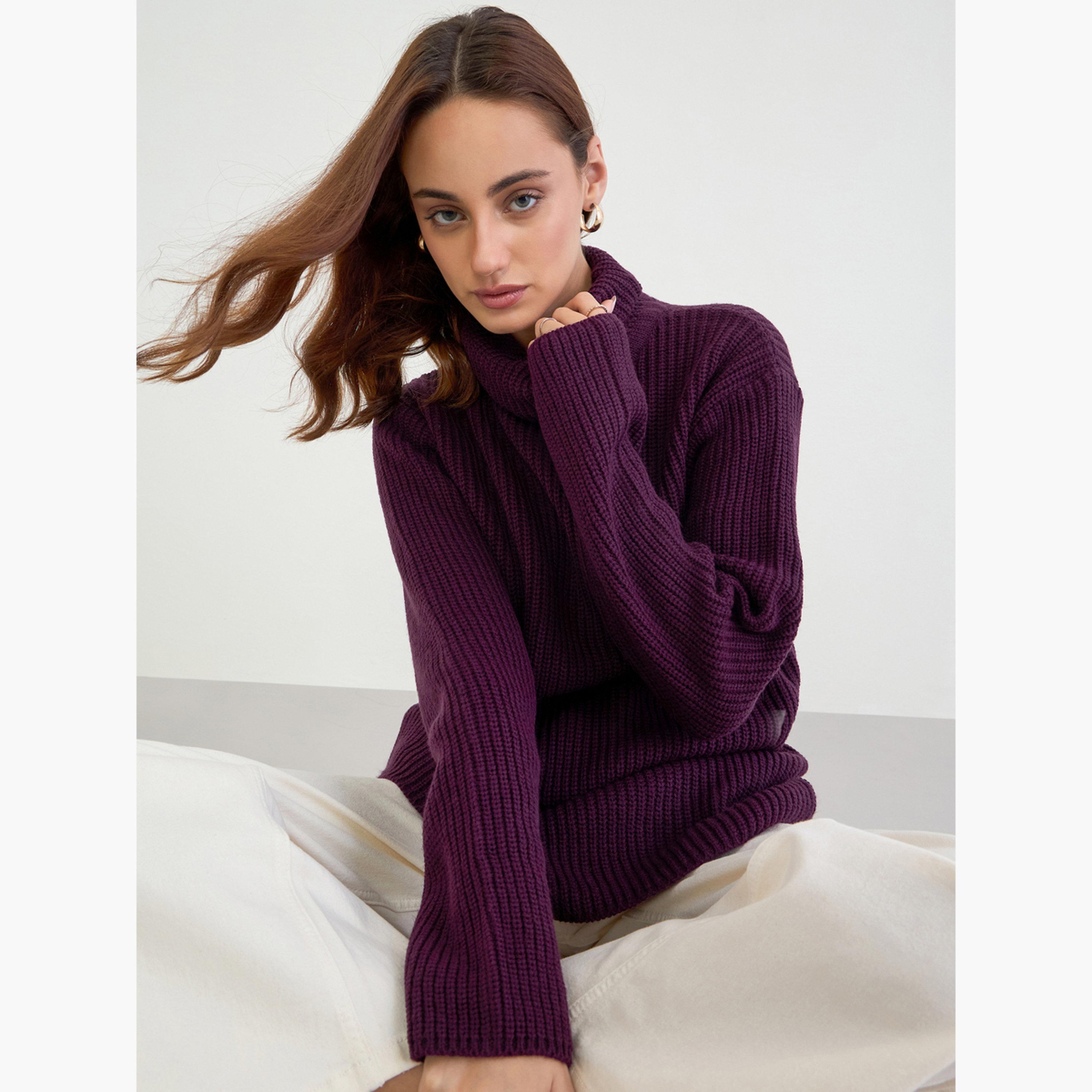 Styli Women Burgundy Regular Fit Longline Knit Sweater-women-clothing-cardigansandjumpers-jumpers-image-3