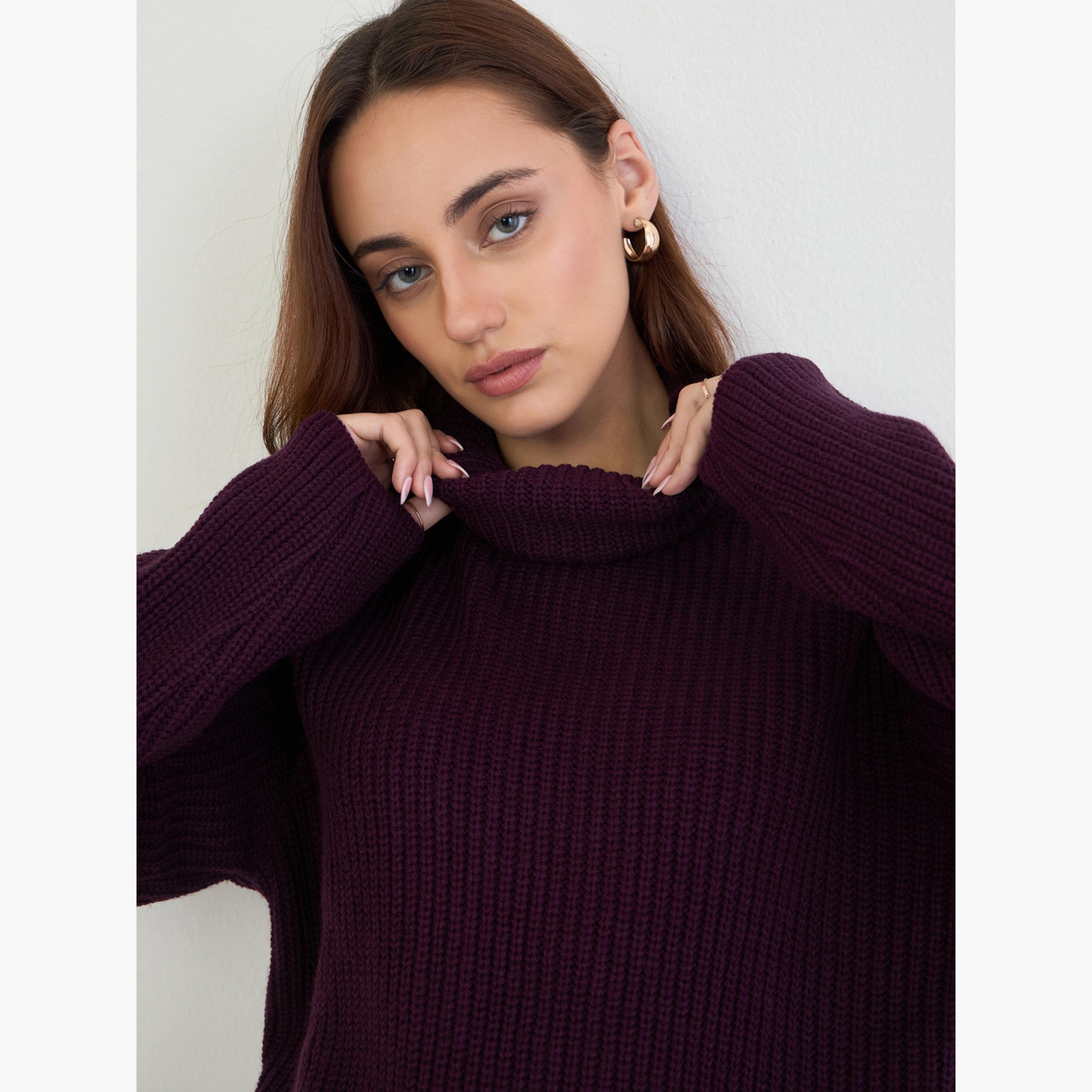 Styli Women Burgundy Regular Fit Longline Knit Sweater-women-clothing-cardigansandjumpers-jumpers-image-4