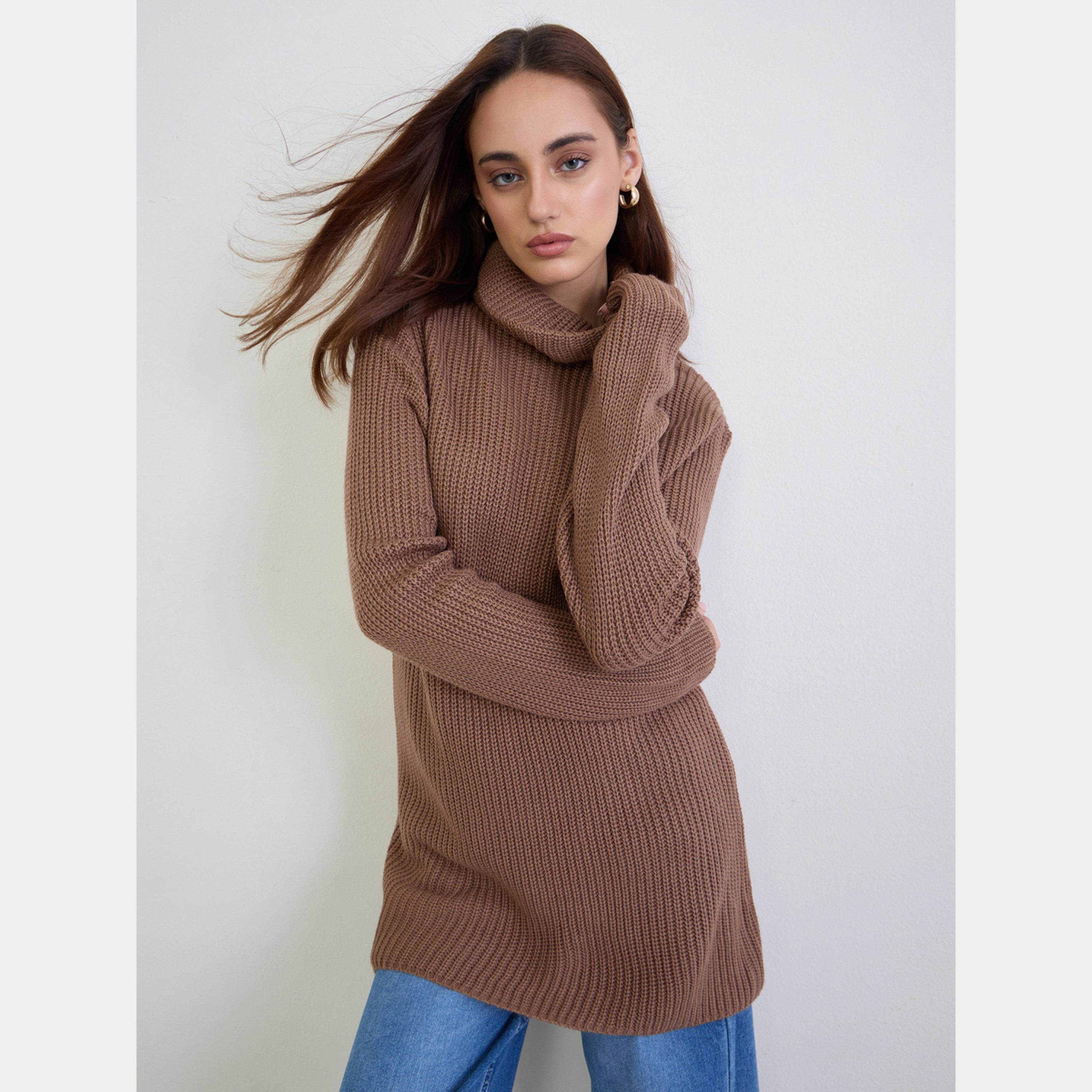 ستايلي - سترة نسائية طويلة الأكمام برقبة مدورة محبوكة باللون البني-women-clothing-cardigansandjumpers-jumpers-image-3