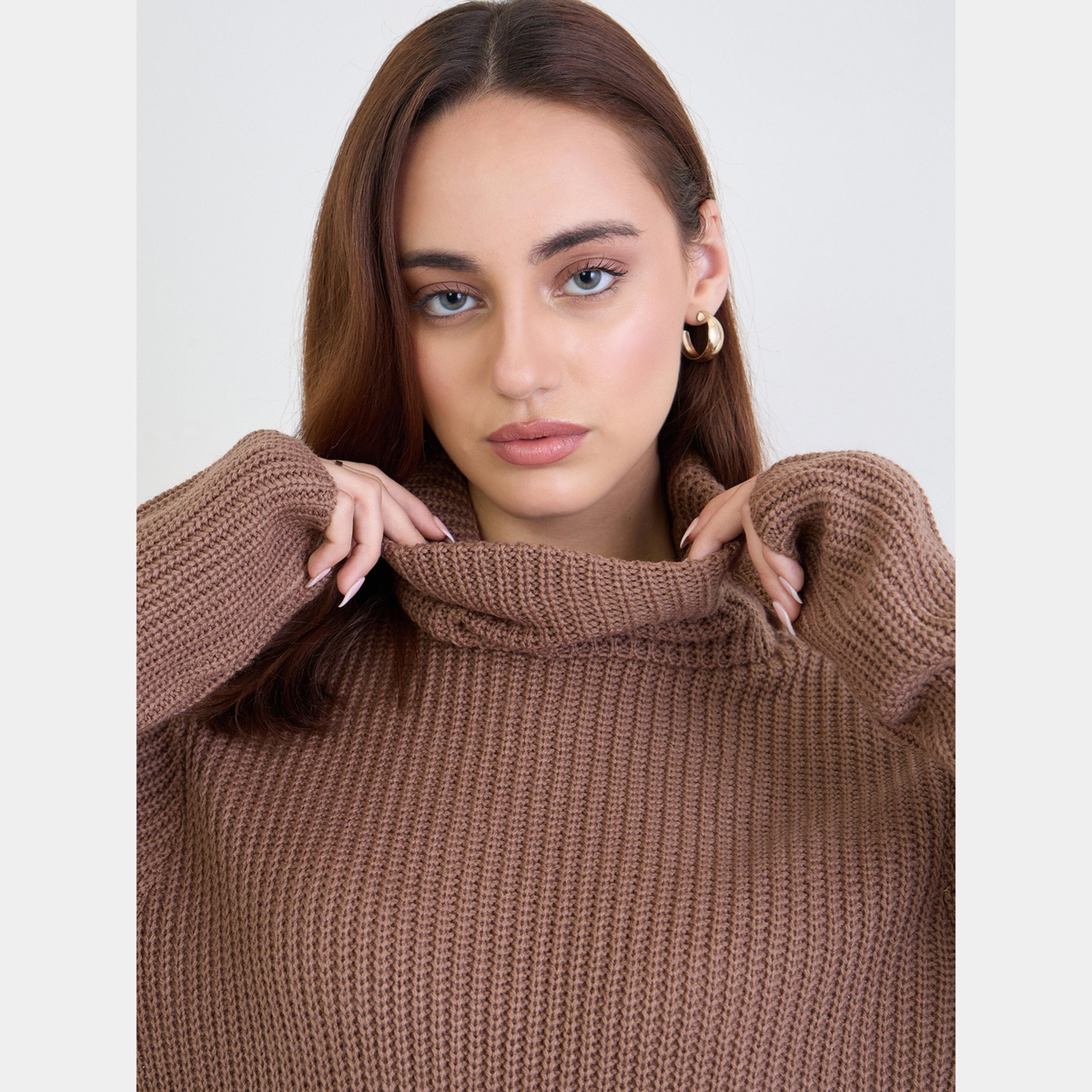 ستايلي - سترة نسائية طويلة الأكمام برقبة مدورة محبوكة باللون البني-women-clothing-cardigansandjumpers-jumpers-image-4
