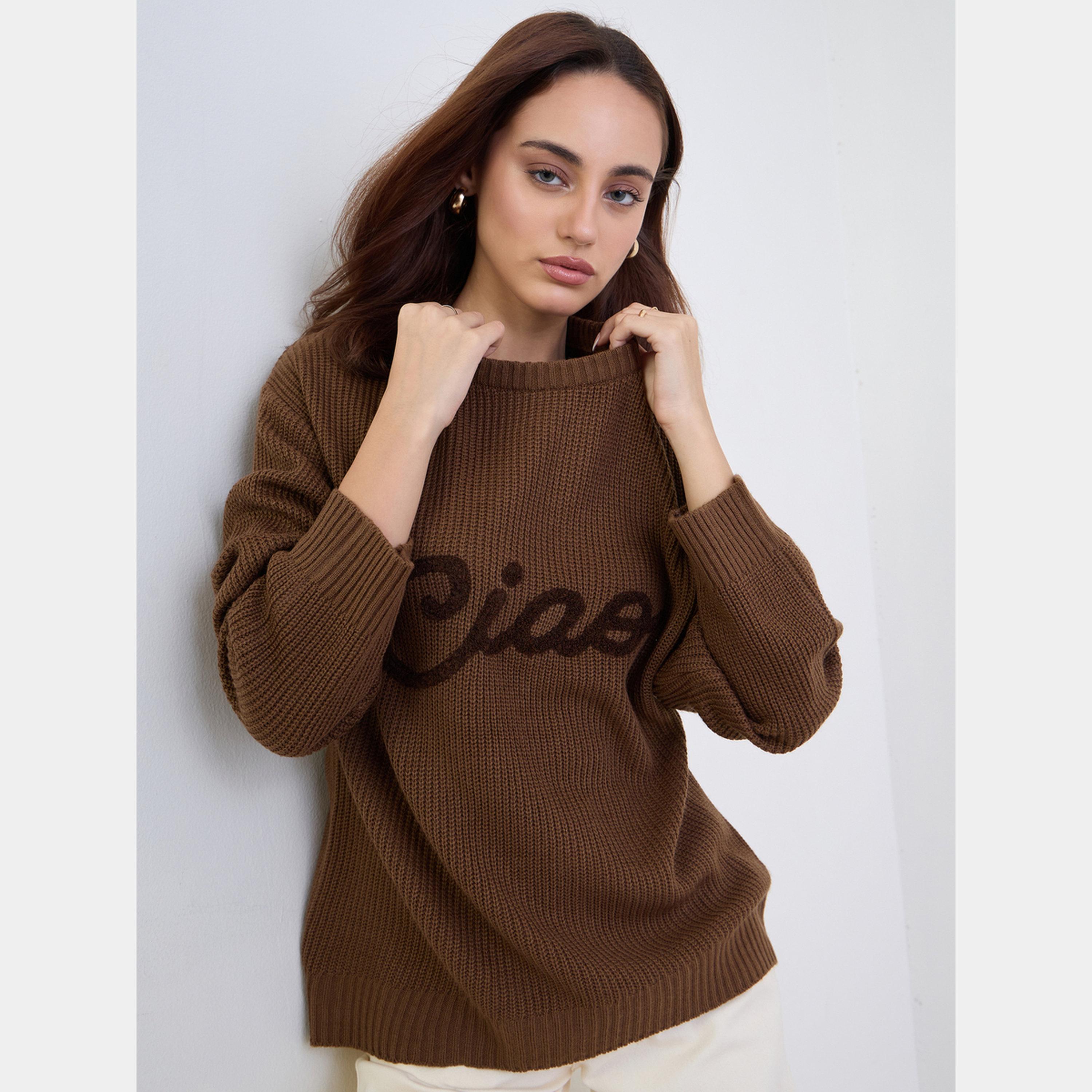 Styli Coffee Brown Regular Fit Embroidered Sweater-women-winterwear-cardigansandjumpers-jumpers-image-4