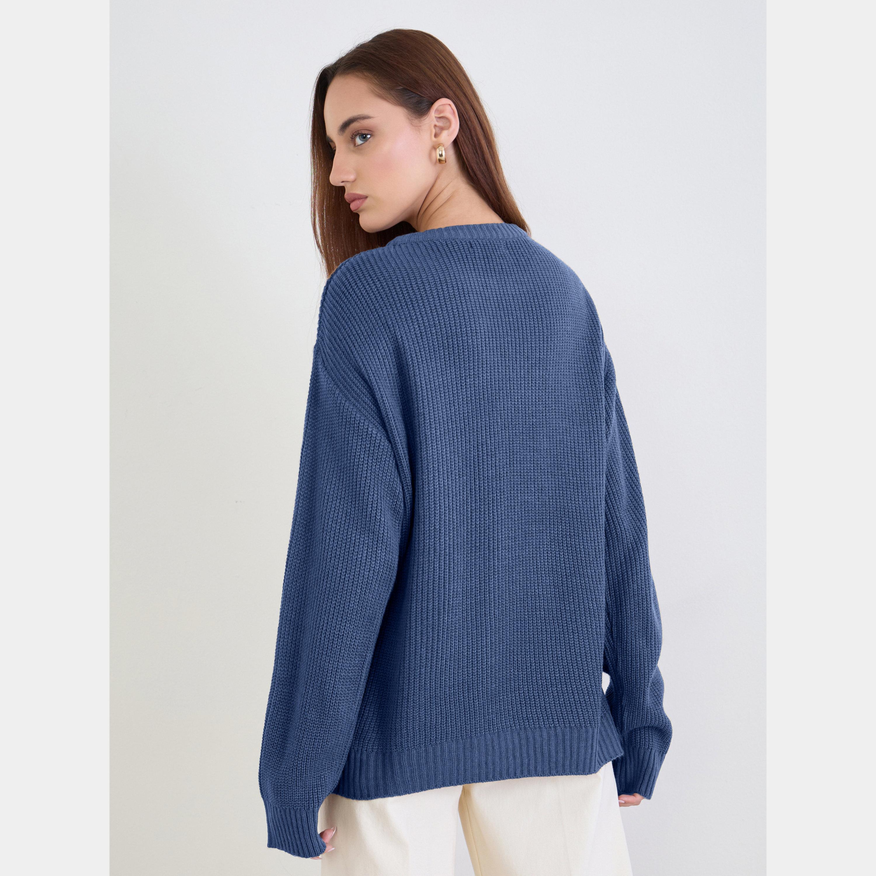 ستايلي - سترة نسائية متوسطة الطول مطرزة باللون الأزرق، برقبة دائرية وأكمام طويلة-women-winterwear-cardigansandjumpers-jumpers-image-5