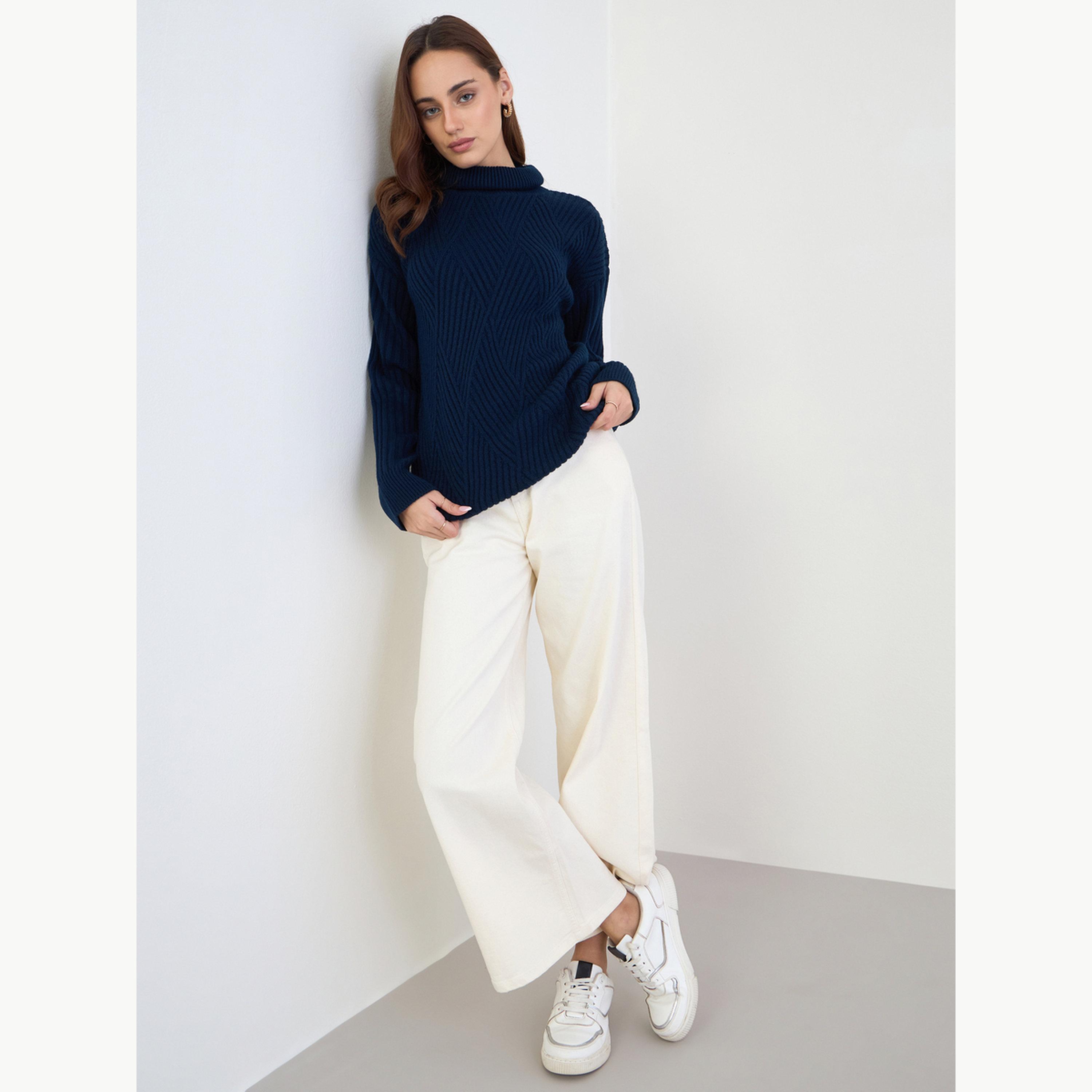 سويتر طويل بقصة عادية وتفاصيل بارزة الملمس-women-winterwear-cardigansandjumpers-jumpers-image-2
