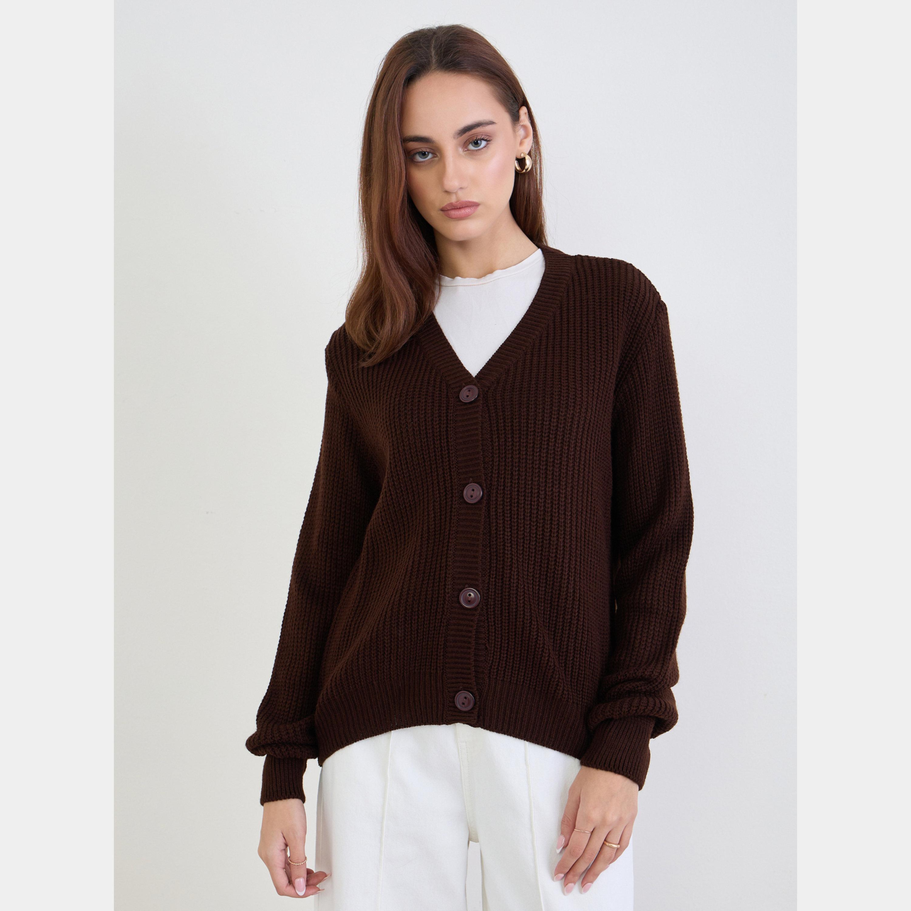Styli Brown Regular Fit Chunky Knit Cardigan-women-winterwear-cardigansandjumpers-cardigans-image-1