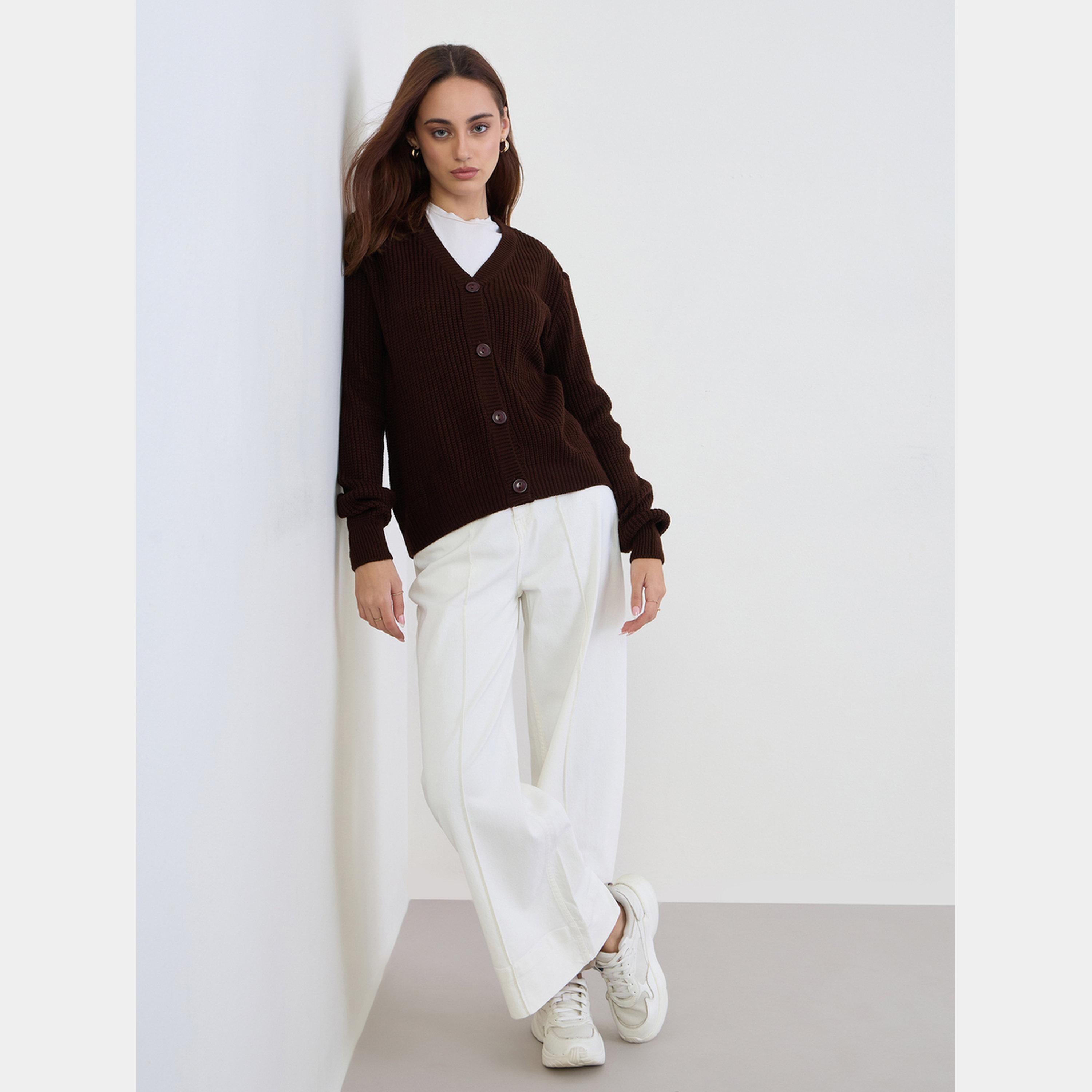 Styli Brown Regular Fit Chunky Knit Cardigan-women-winterwear-cardigansandjumpers-cardigans-image-2
