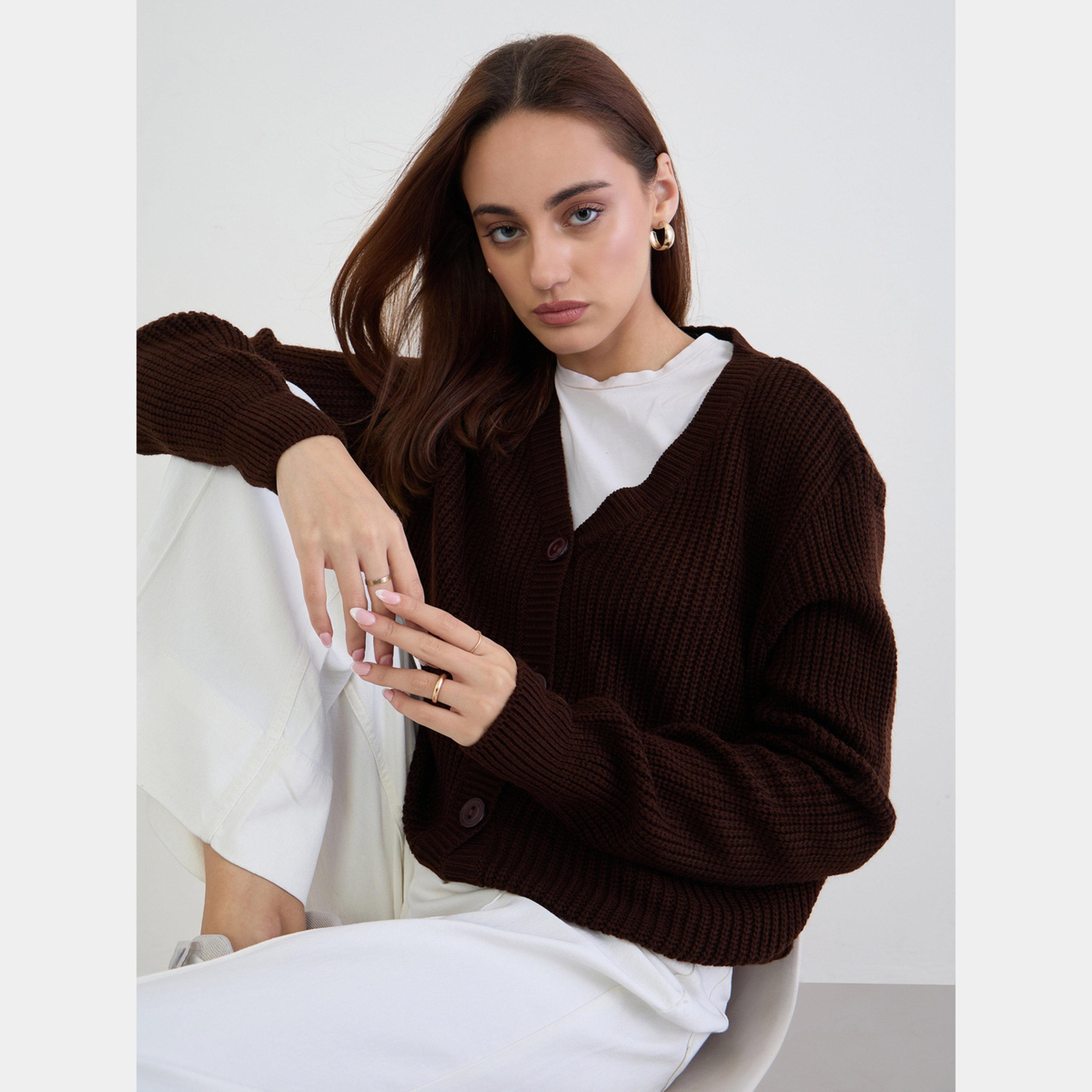 Styli Brown Regular Fit Chunky Knit Cardigan-women-winterwear-cardigansandjumpers-cardigans-image-3