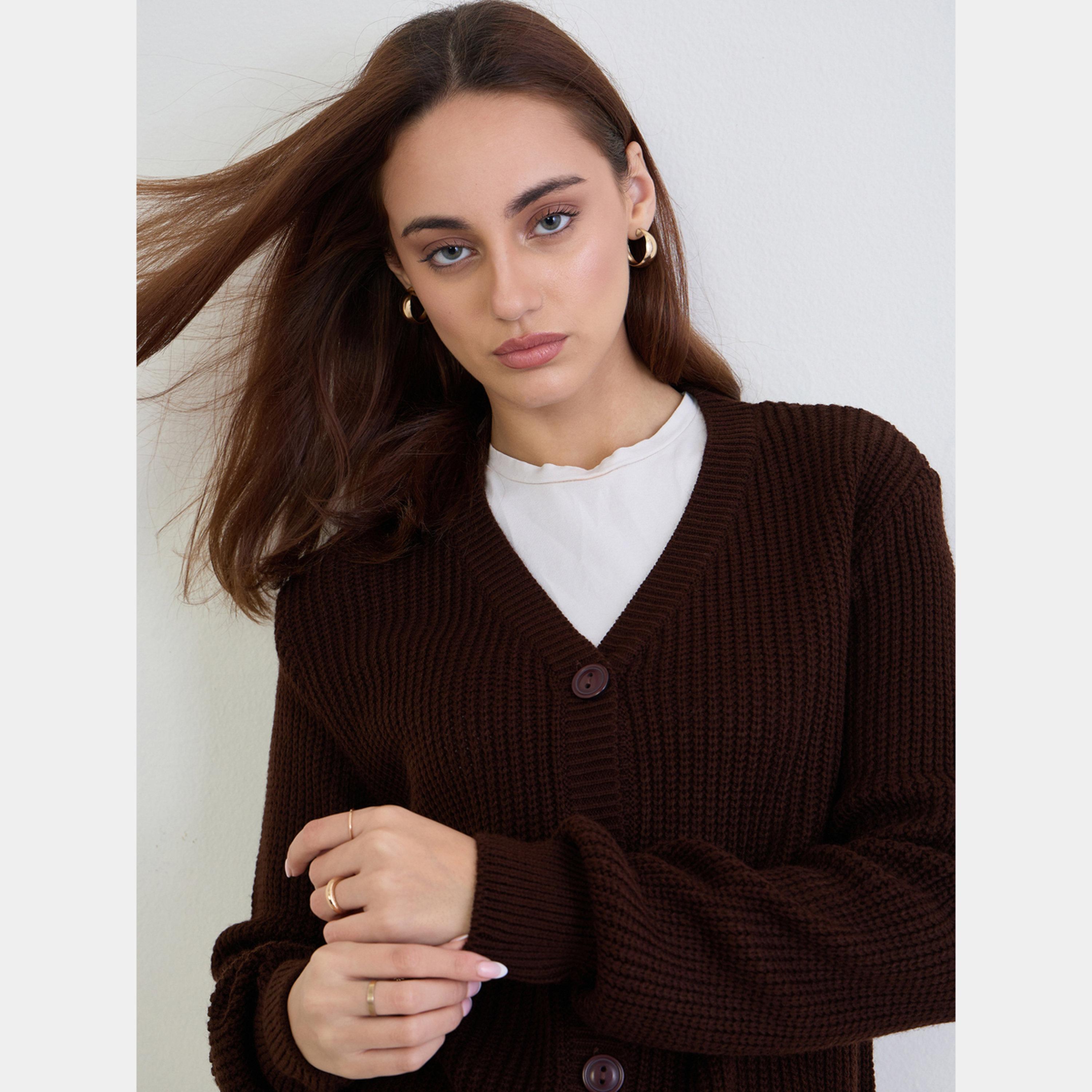 Styli Brown Regular Fit Chunky Knit Cardigan-women-winterwear-cardigansandjumpers-cardigans-image-4