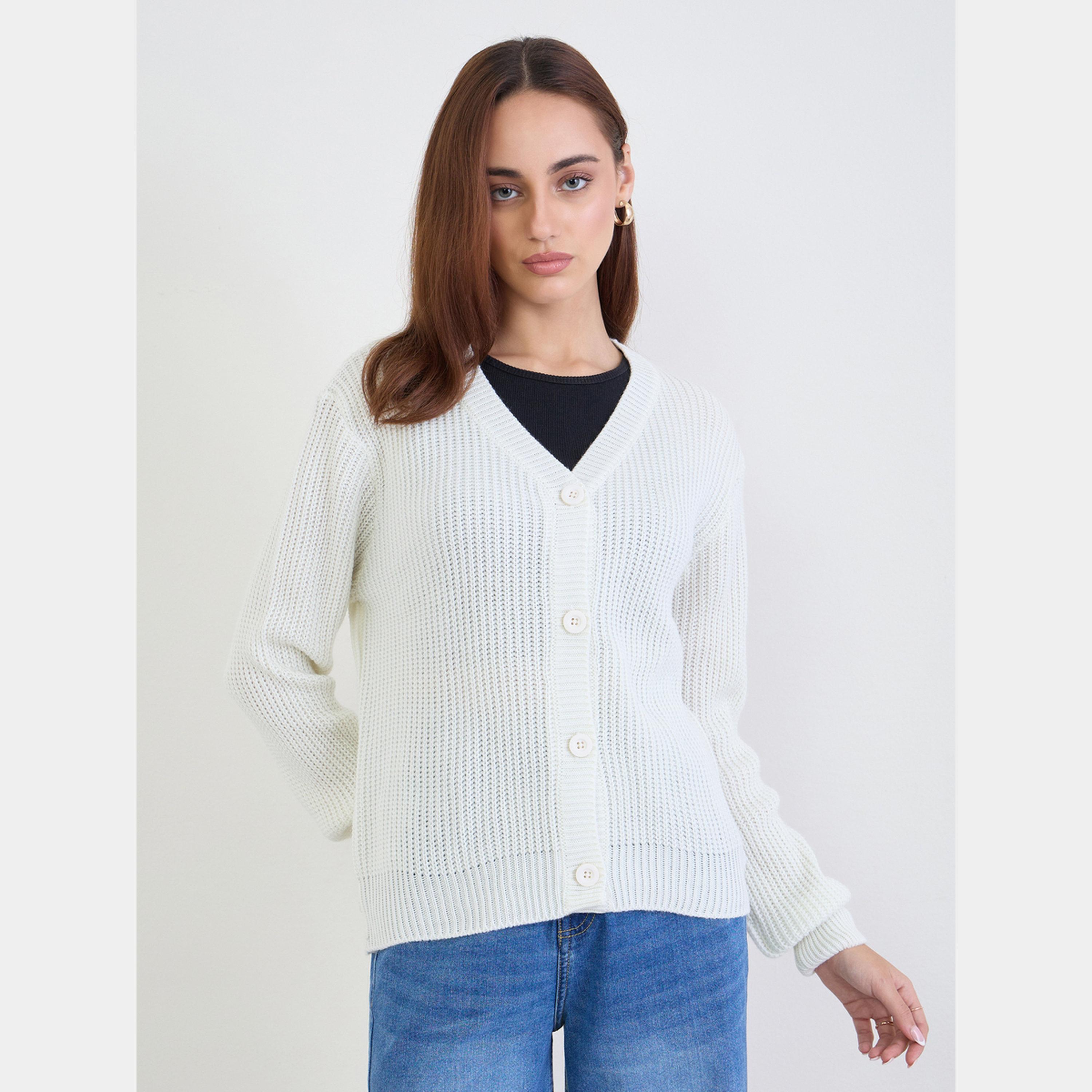 Styli Off White Knit Buttoned Cardigan-women-winterwear-cardigansandjumpers-cardigans-image-1