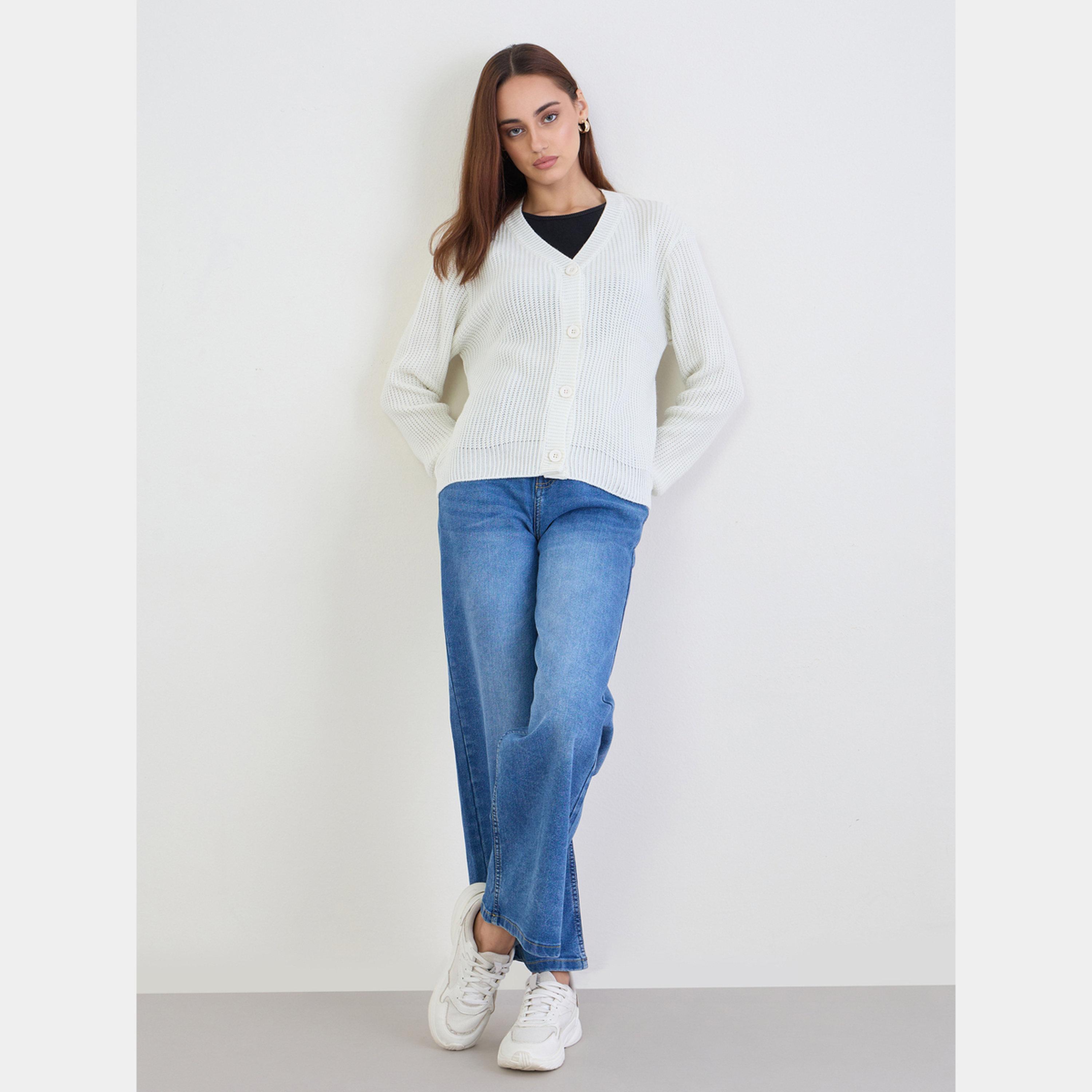 ستايلي - كارديجان نسائي محبوك بأكمام طويلة ورقبة حرف V لون اوف وايت-women-winterwear-cardigansandjumpers-cardigans-image-2