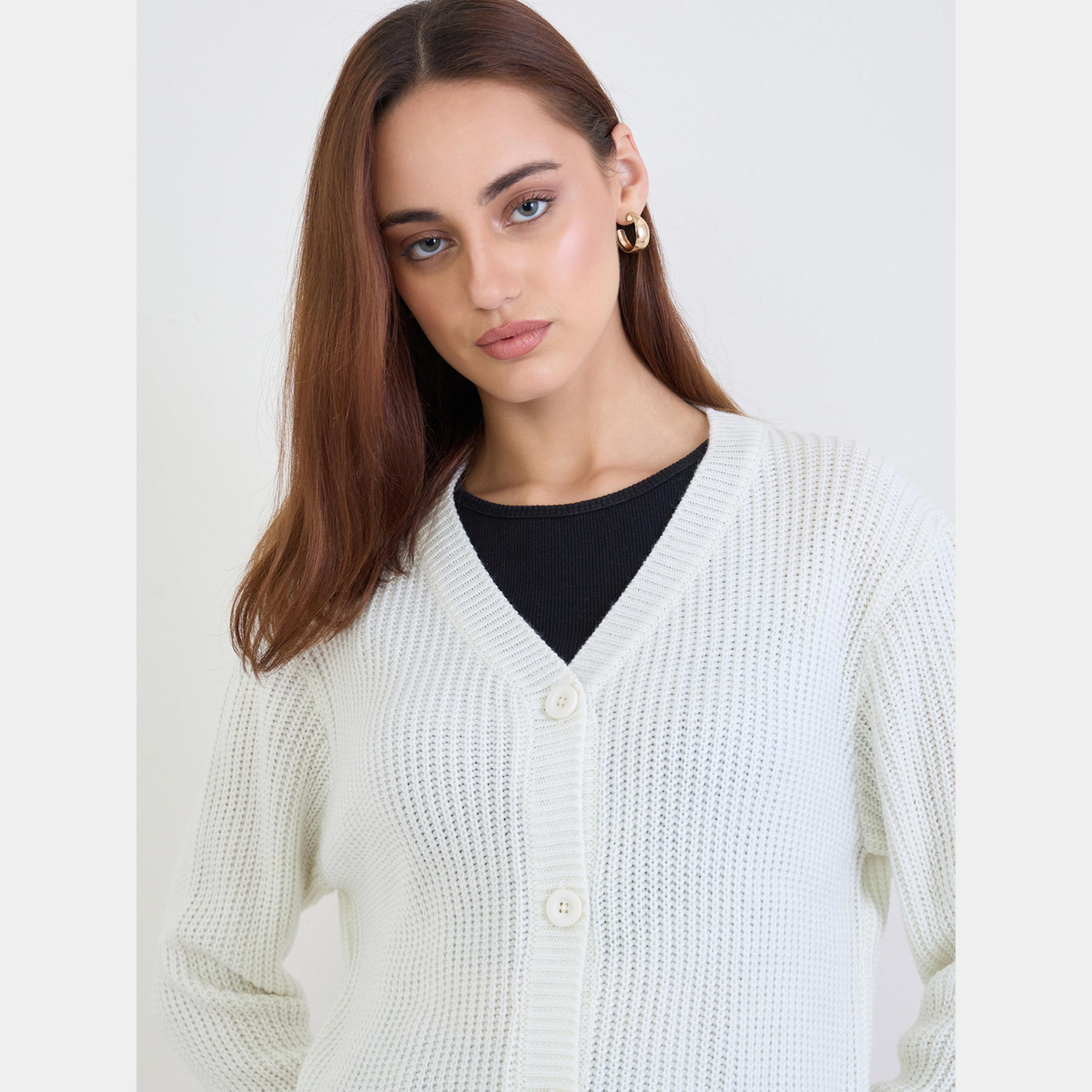 ستايلي - كارديجان نسائي محبوك بأكمام طويلة ورقبة حرف V لون اوف وايت-women-winterwear-cardigansandjumpers-cardigans-image-4