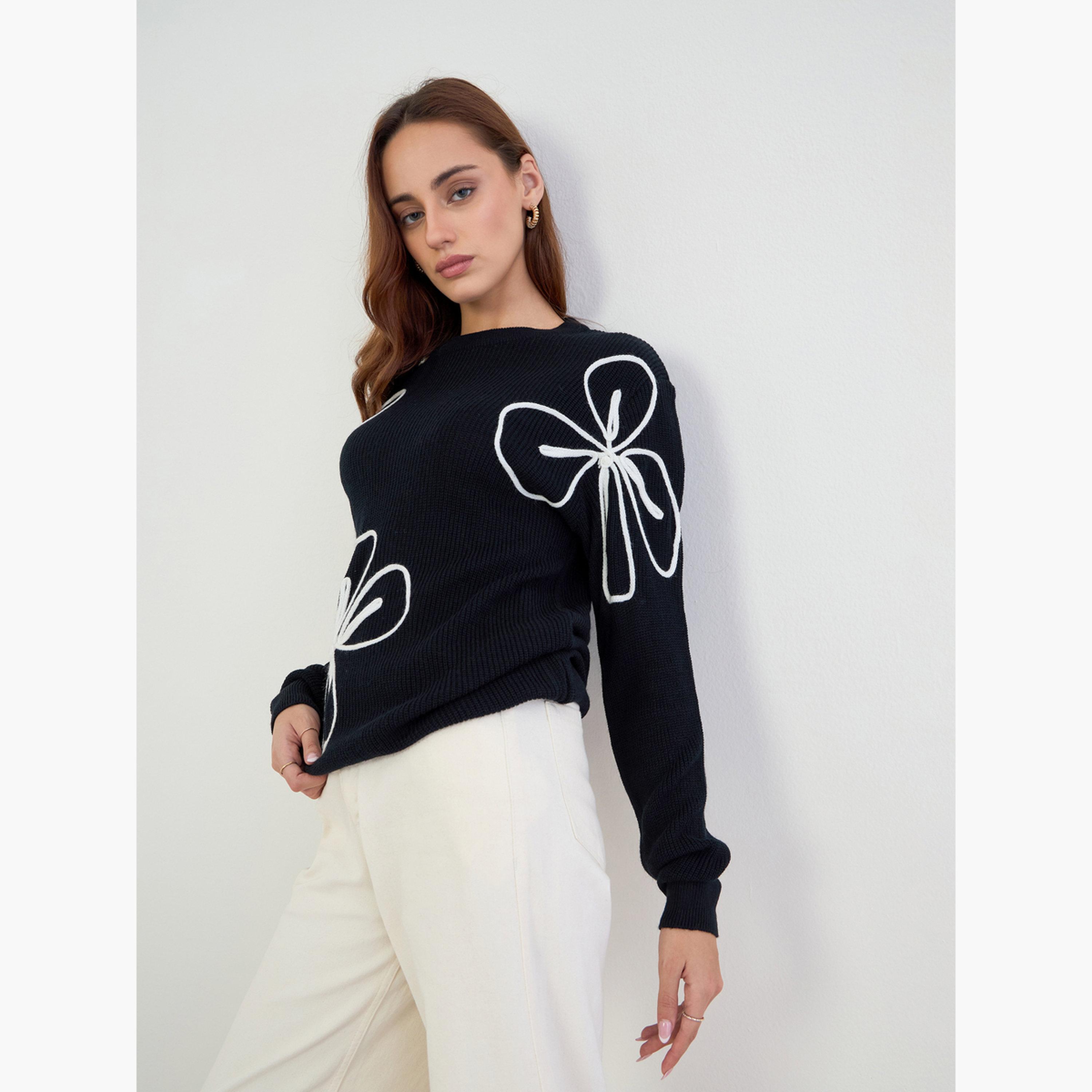 ستايلي - سترة سوداء مطرزة بالزهور بقصّة عادية-women-clothing-cardigansandjumpers-jumpers-image-3