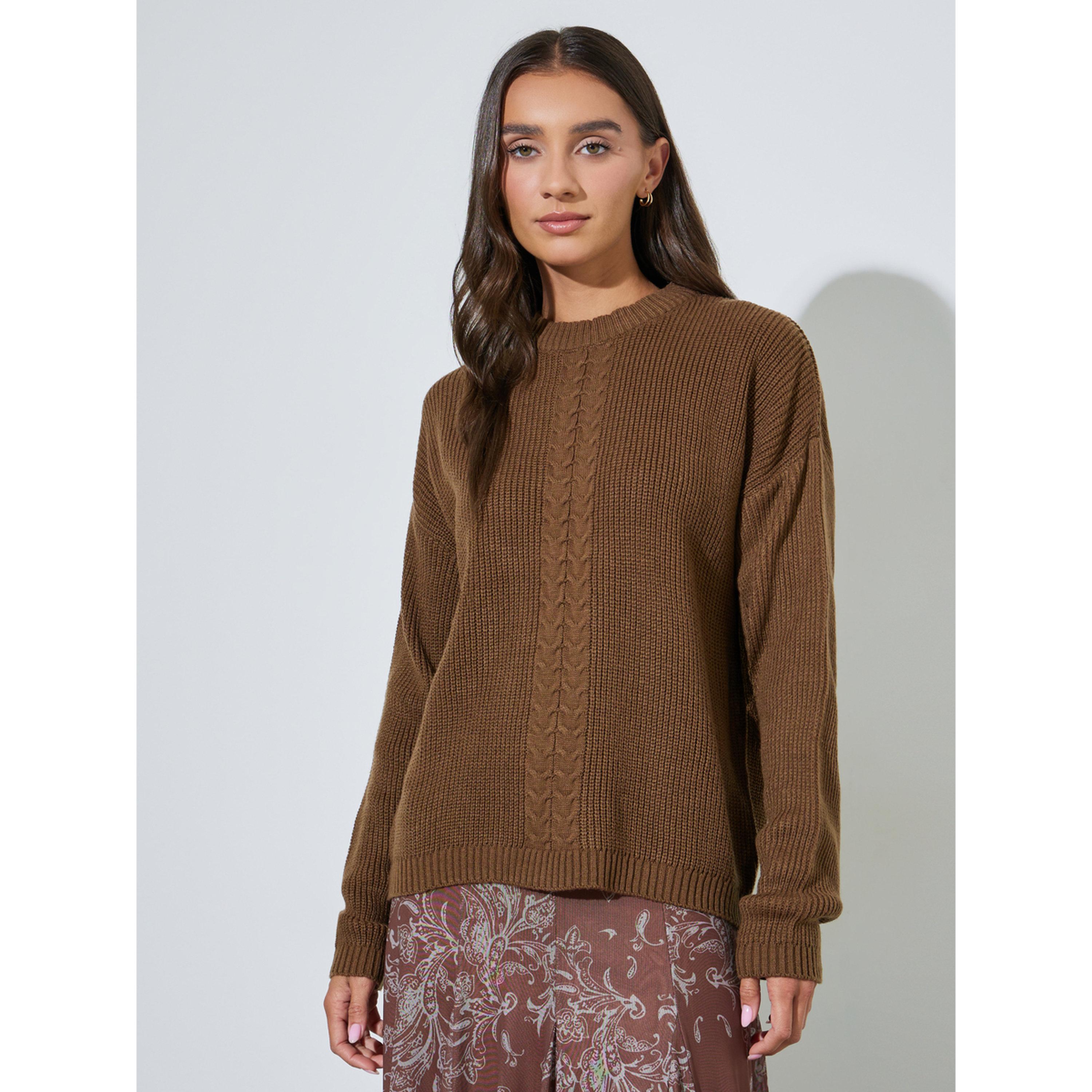 كنزة محبوكة بتصميم ضفائر وبقصة بوكسي باللون البني-women-winterwear-cardigansandjumpers-jumpers-image-1