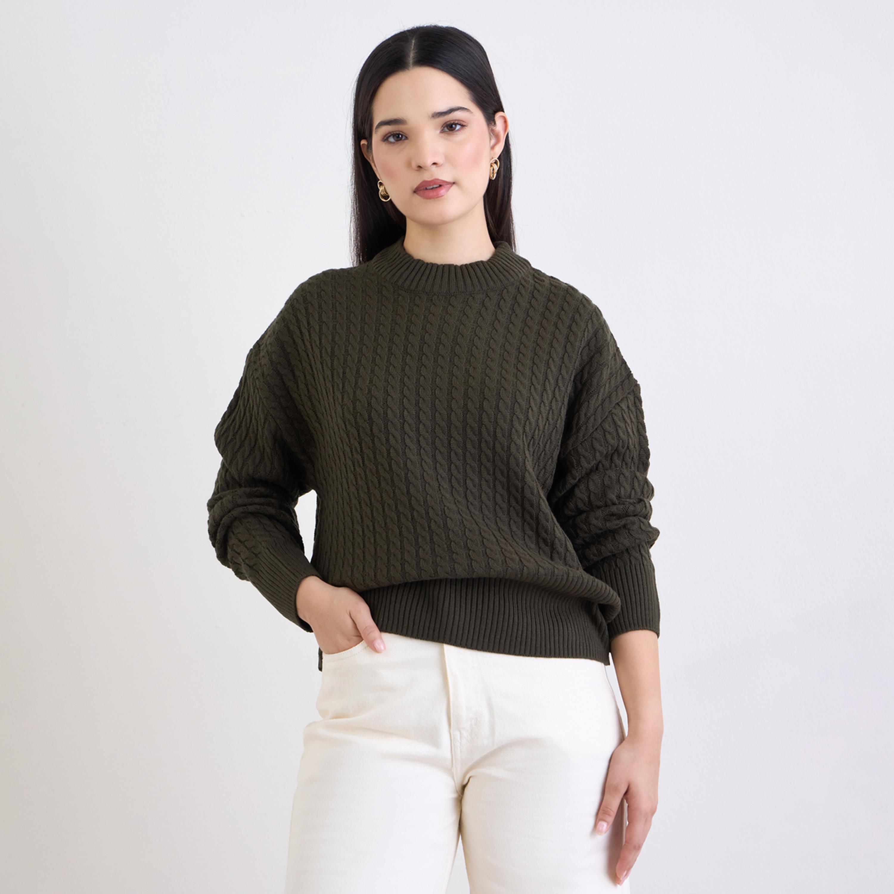 Styli Women Olive Cable Knit Boxy Fit Sweater-women-clothing-cardigansandjumpers-jumpers-image-1