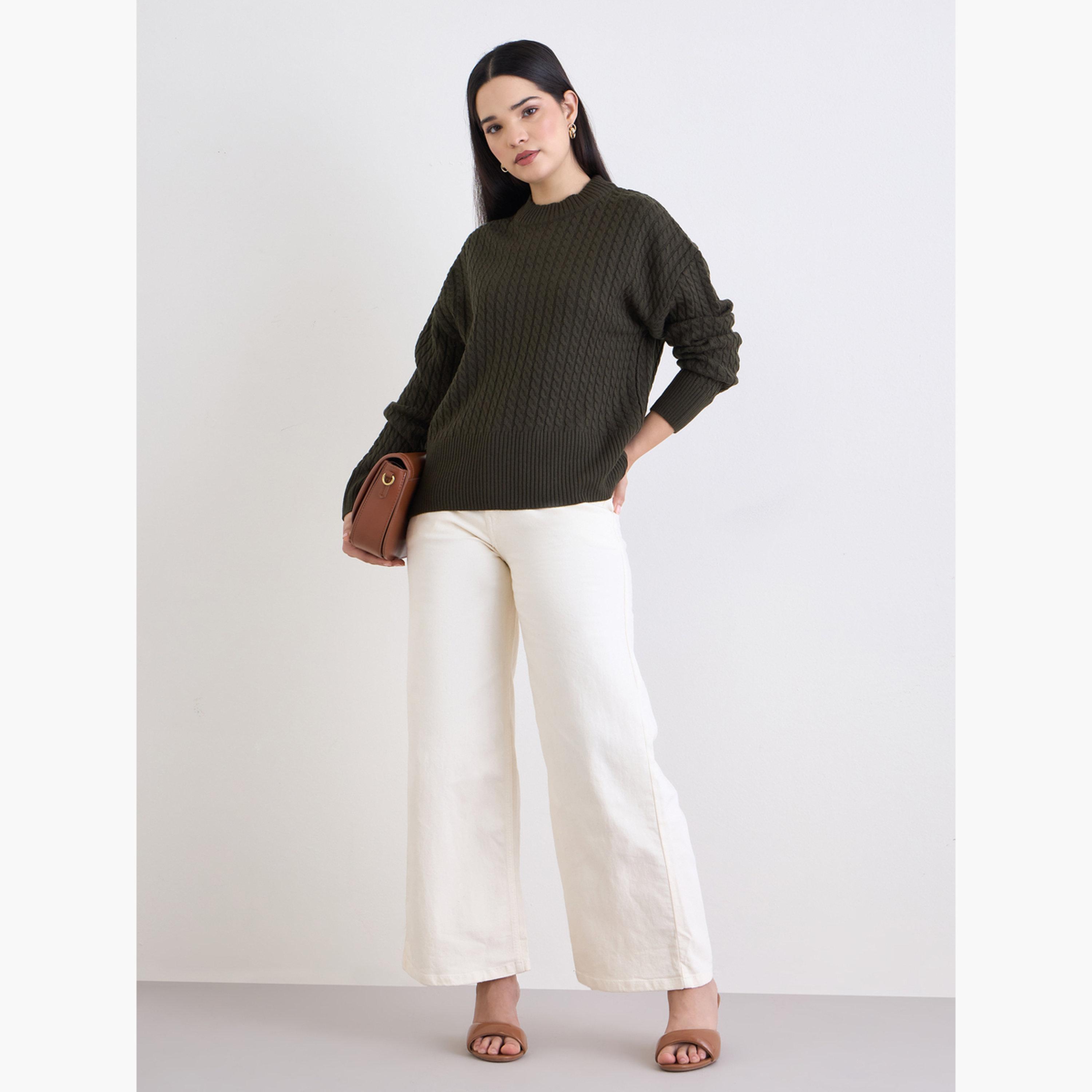 Styli Women Olive Cable Knit Boxy Fit Sweater-women-clothing-cardigansandjumpers-jumpers-image-2