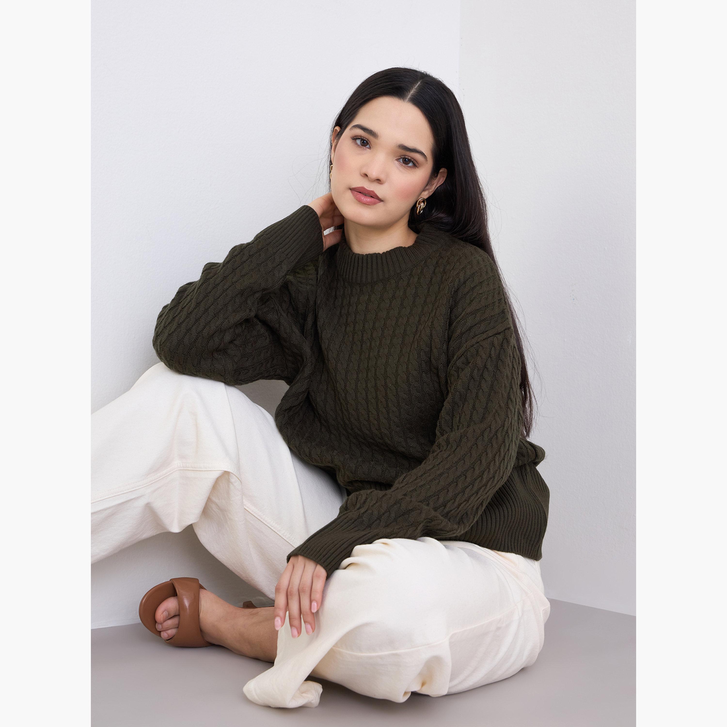 Styli Women Olive Cable Knit Boxy Fit Sweater-women-clothing-cardigansandjumpers-jumpers-image-3