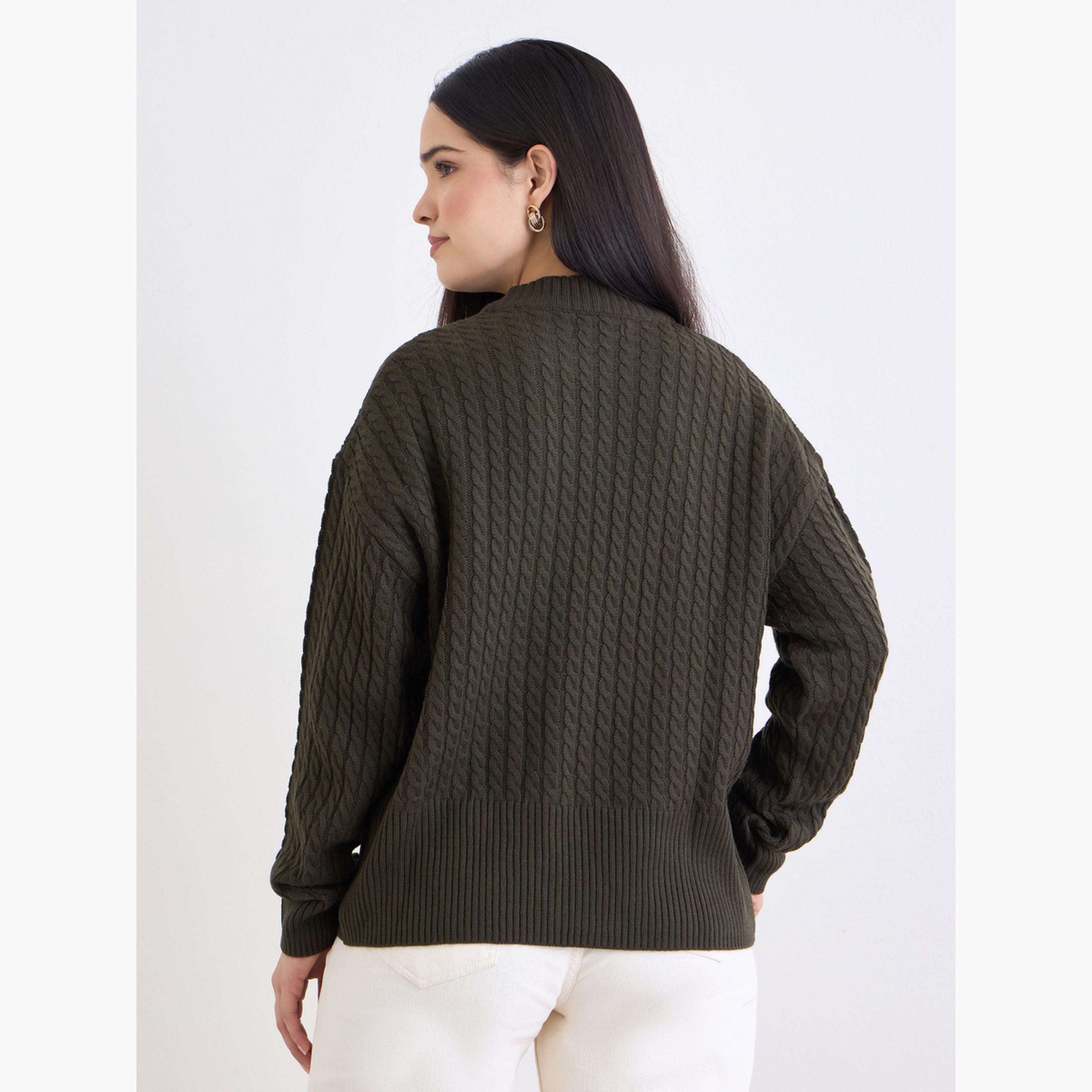 Styli Women Olive Cable Knit Boxy Fit Sweater-women-clothing-cardigansandjumpers-jumpers-image-5