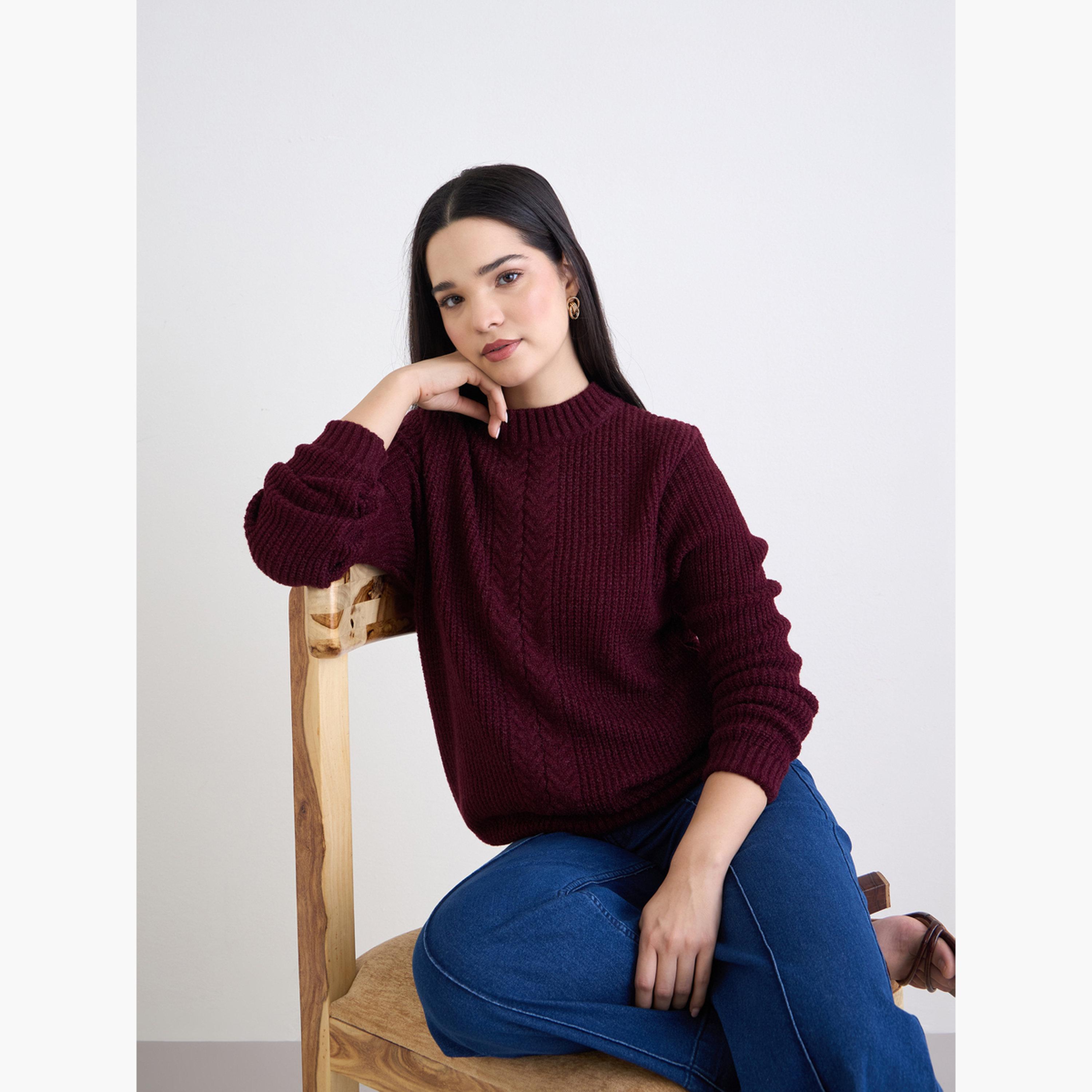 ستايلي - سترة كابل محبوكة باللون البرغندي للنساء -women-winterwear-cardigansandjumpers-jumpers-image-3